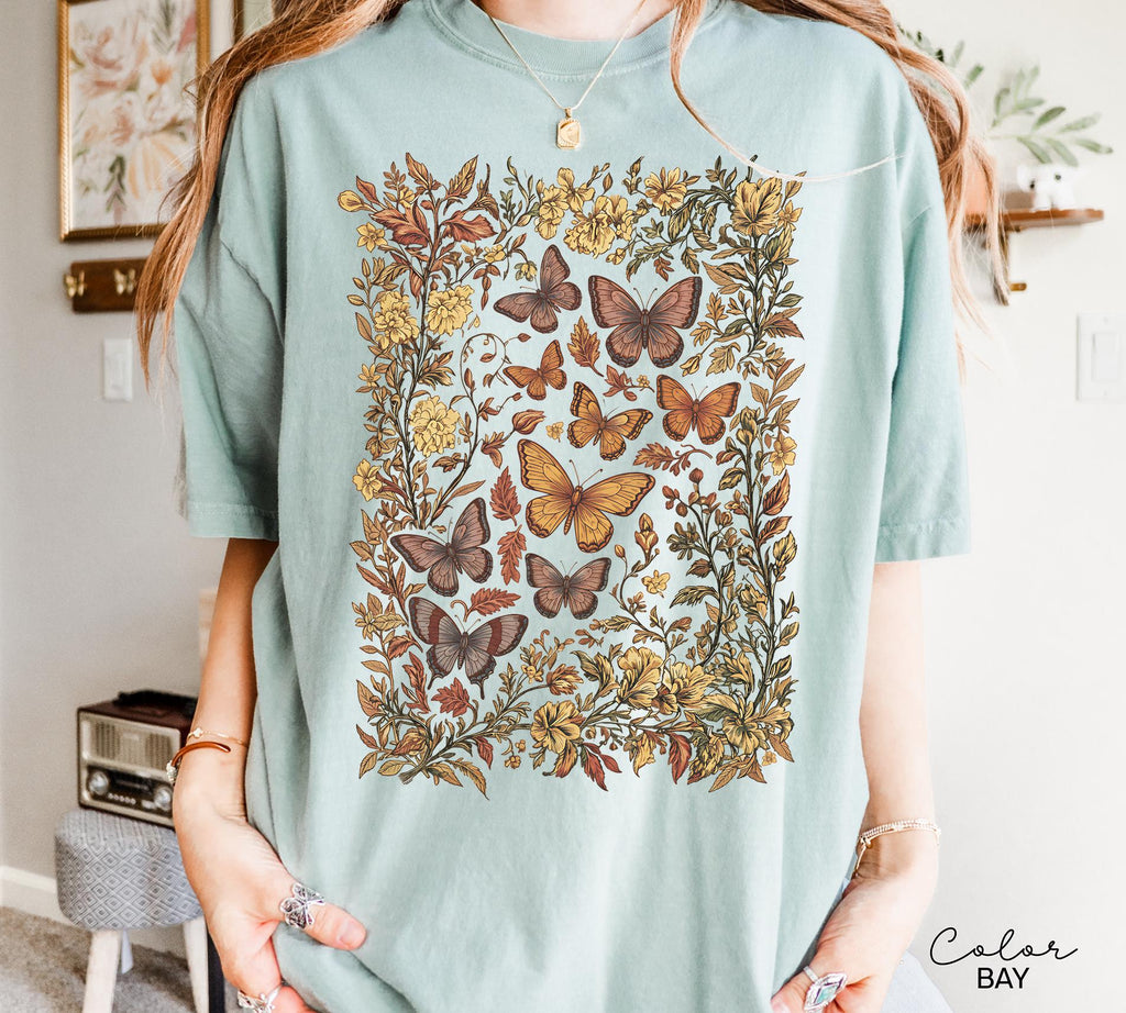 Vintage Pressed Flowers and Butterfly Shirt, Boho Cottagecore Shirt, Botanical Floral Tee Wildflowers Shirt Gift for Gardener Floral Shirt