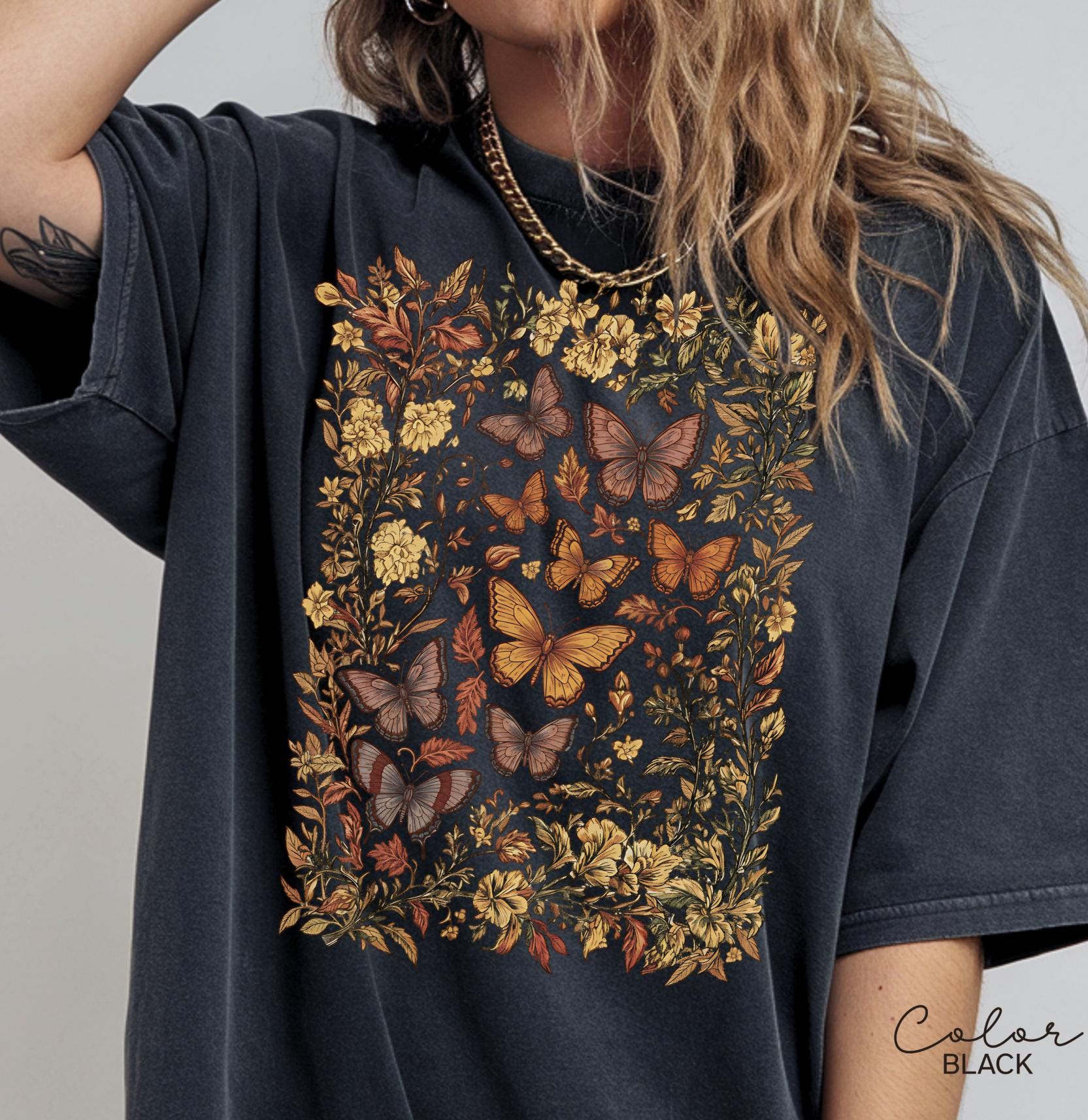 Vintage Pressed Flowers and Butterfly Shirt, Boho Cottagecore Shirt, Botanical Floral Tee Wildflowers Shirt Gift for Gardener Floral Shirt