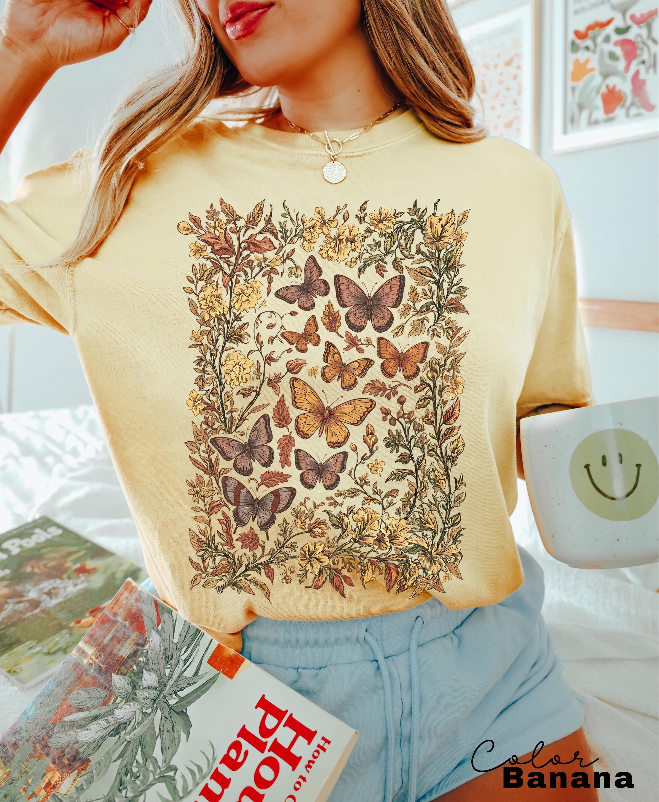 Vintage Pressed Flowers and Butterfly Shirt, Boho Cottagecore Shirt, Botanical Floral Tee Wildflowers Shirt Gift for Gardener Floral Shirt