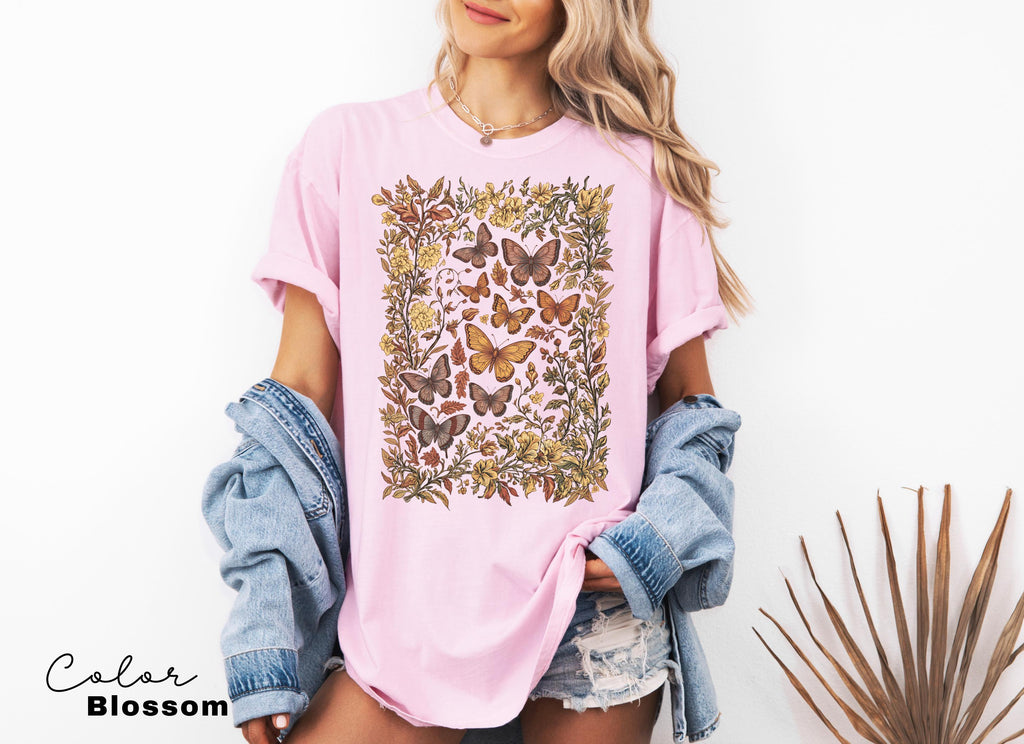 Vintage Pressed Flowers and Butterfly Shirt, Boho Cottagecore Shirt, Botanical Floral Tee Wildflowers Shirt Gift for Gardener Floral Shirt