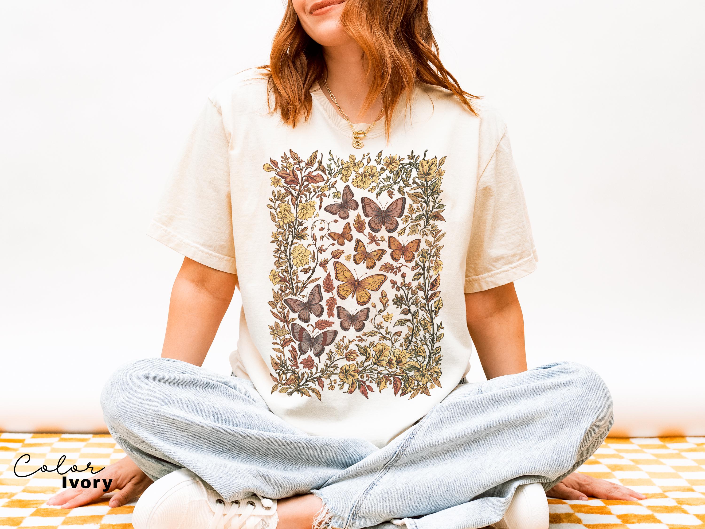 Vintage Pressed Flowers and Butterfly Shirt, Boho Cottagecore Shirt, Botanical Floral Tee Wildflowers Shirt Gift for Gardener Floral Shirt