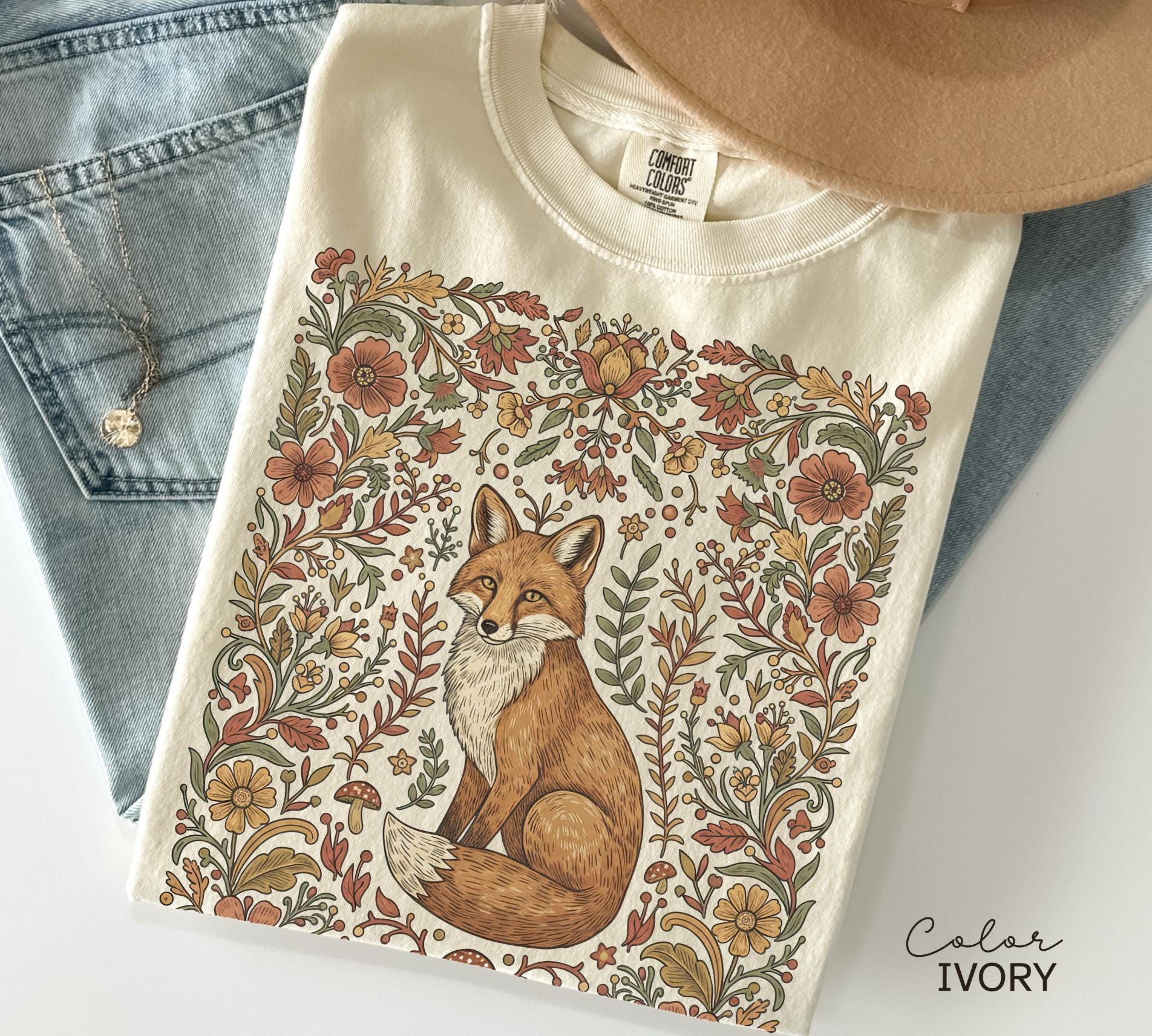 Comfort Colors Fox Shirt, Cottagecore boho t-shirt, Floral Fall Shirt, Vintage Flower t-shirt