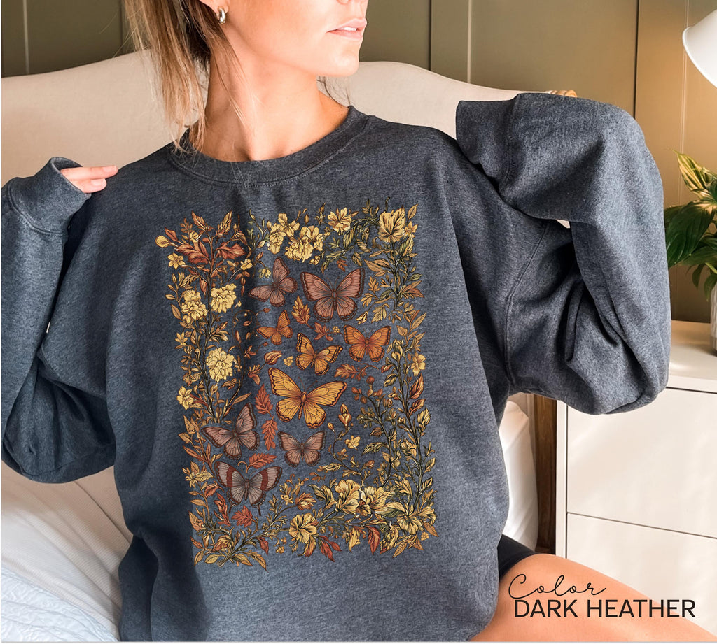 Vintage Pressed Flowers and Butterfly Sweatshirt, Boho Cottagecore Crewneck, Botanical Floral Tee Wildflowers Shirt Gift for Gardener Floral