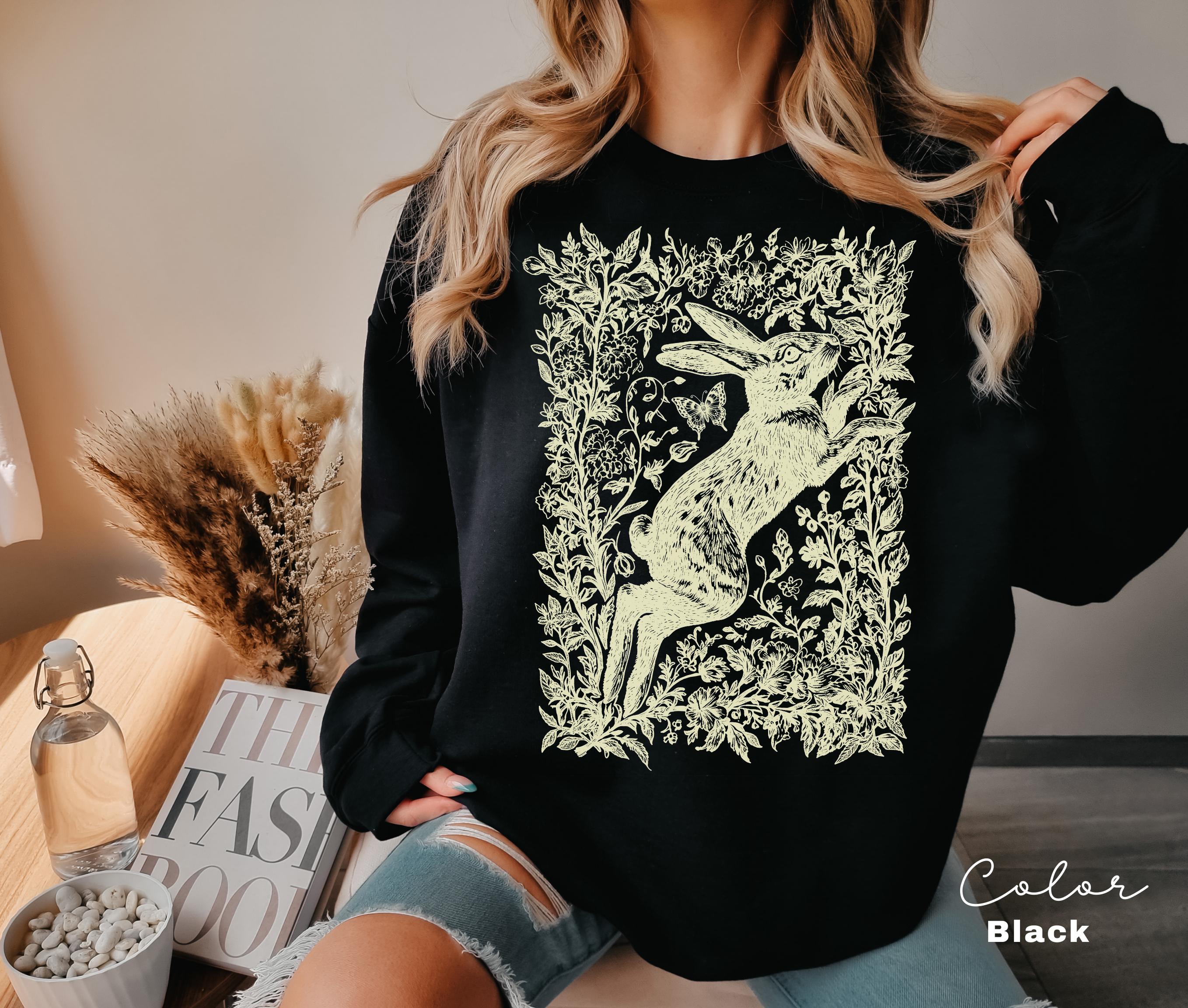 Cottagecore Rabbit Sweatshirt, Wild Hare, Folk Art Forest Animal, Woodland Aesthetic Top, Cottagecore Crewneck, Forestcore
