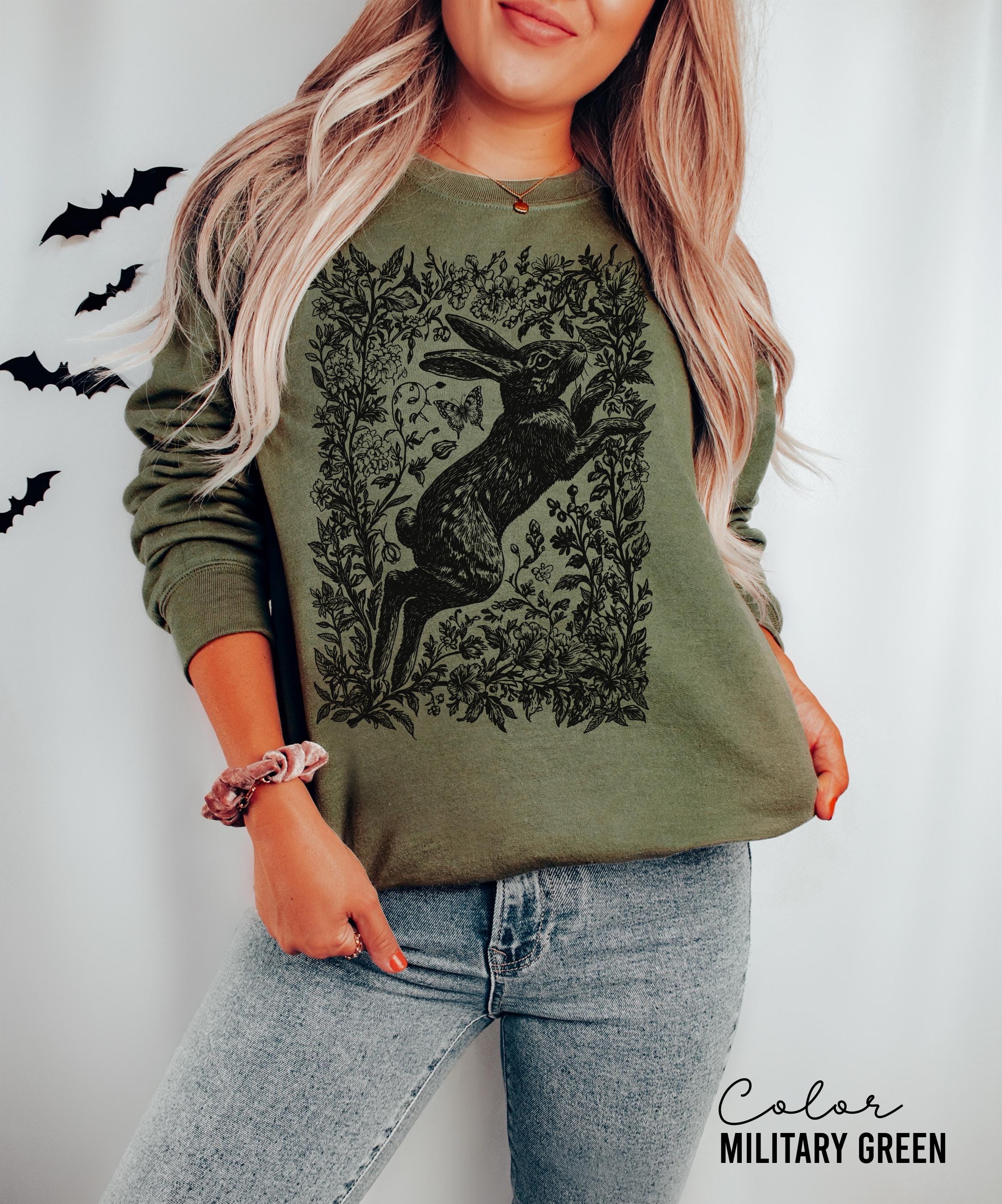 Cottagecore Rabbit Sweatshirt, Wild Hare, Folk Art Forest Animal, Woodland Aesthetic Top, Cottagecore Crewneck, Forestcore