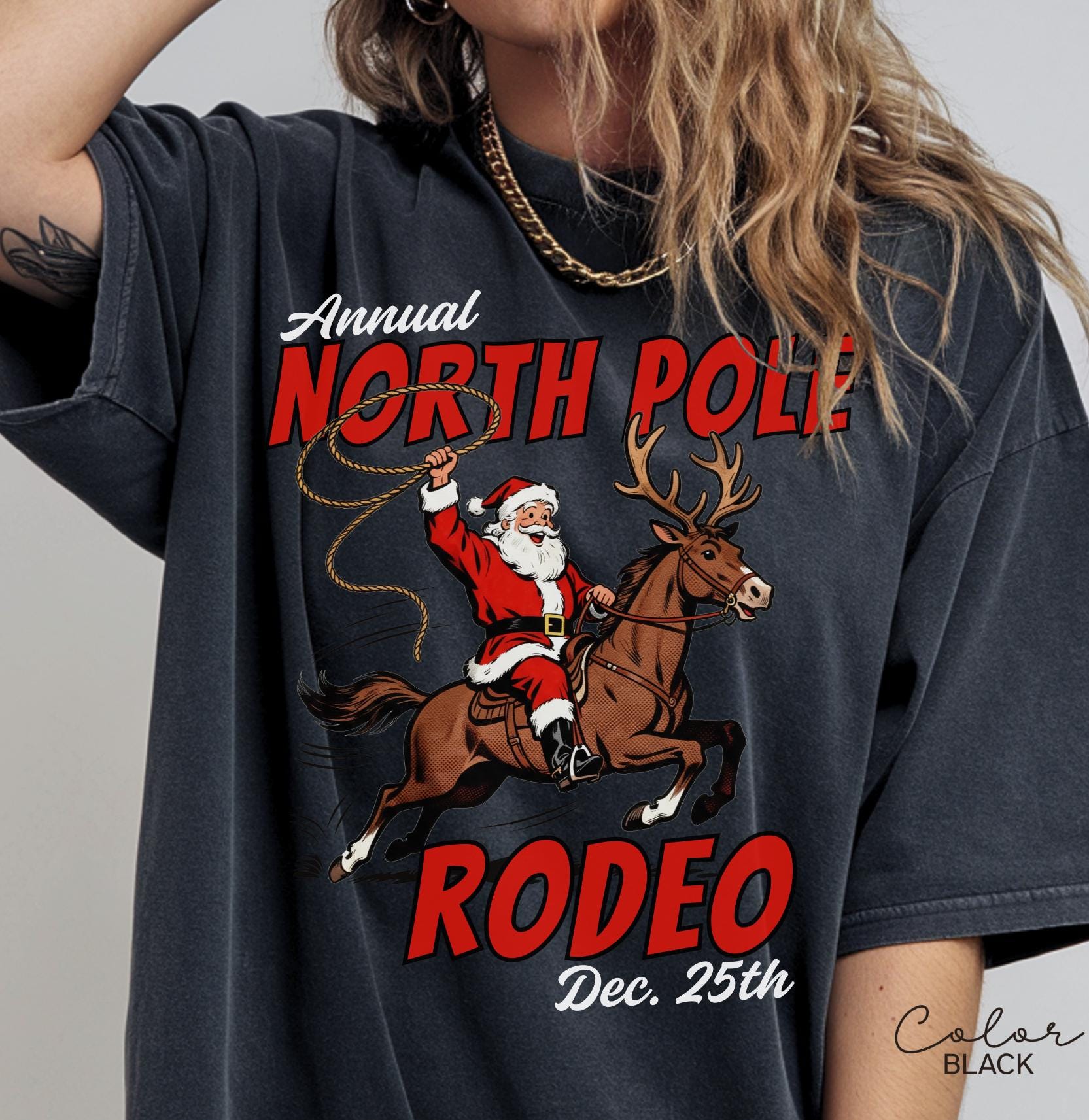 Retro Christmas North Pole Rodeo Shirt, Cowboy Santa Western Roping Christmas Shirt, Howdy Christmas T-shirt, Cowgirl Gift Wrangling Santa