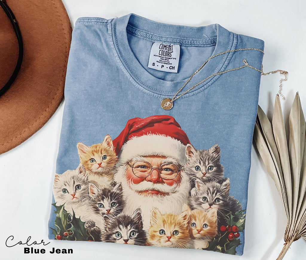 Santa Claus Kittens Christmas Shirt, Comfort Colors, Retro Old Saint Nick Holiday Crewneck, Funny Ugly T-shirt, Xmas Gift For Cat Lovers