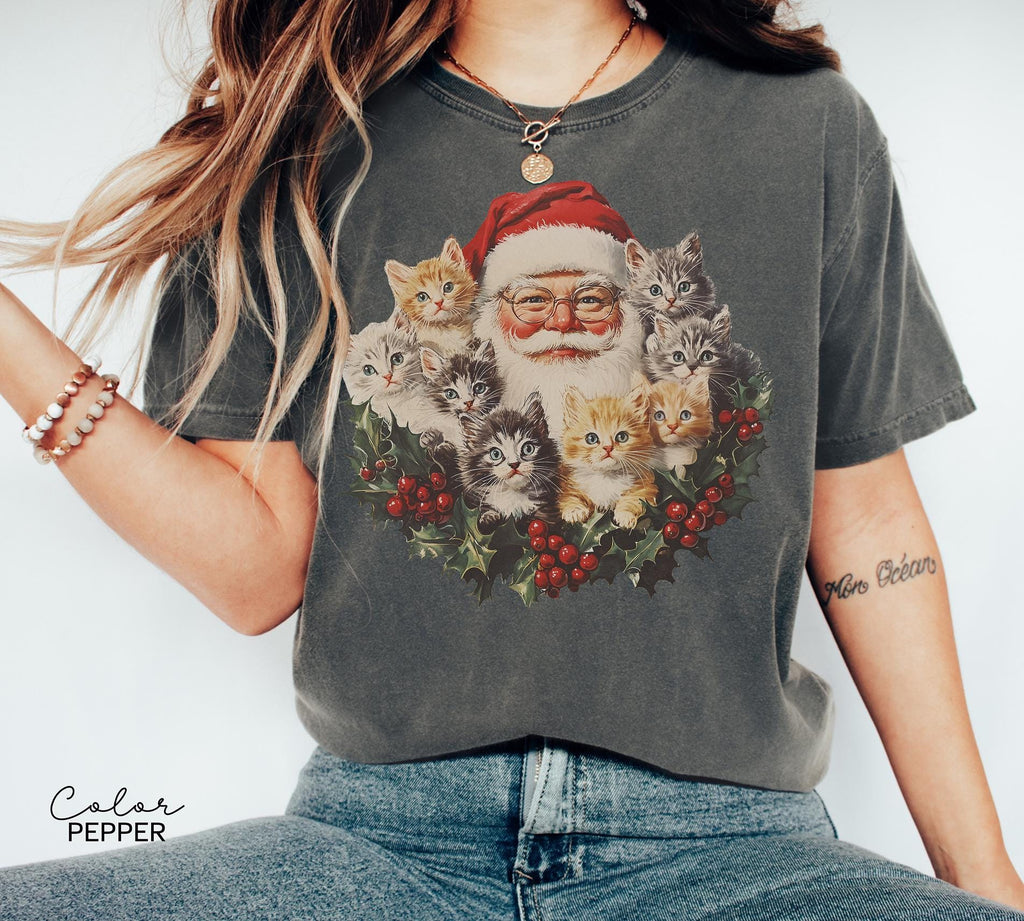 Santa Claus Kittens Christmas Shirt, Comfort Colors, Retro Old Saint Nick Holiday Crewneck, Funny Ugly T-shirt, Xmas Gift For Cat Lovers