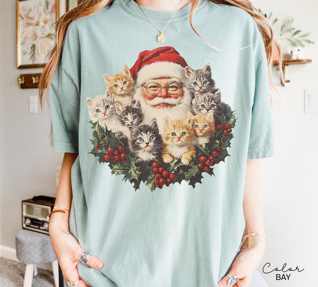 Santa Claus Kittens Christmas Shirt, Comfort Colors, Retro Old Saint Nick Holiday Crewneck, Funny Ugly T-shirt, Xmas Gift For Cat Lovers