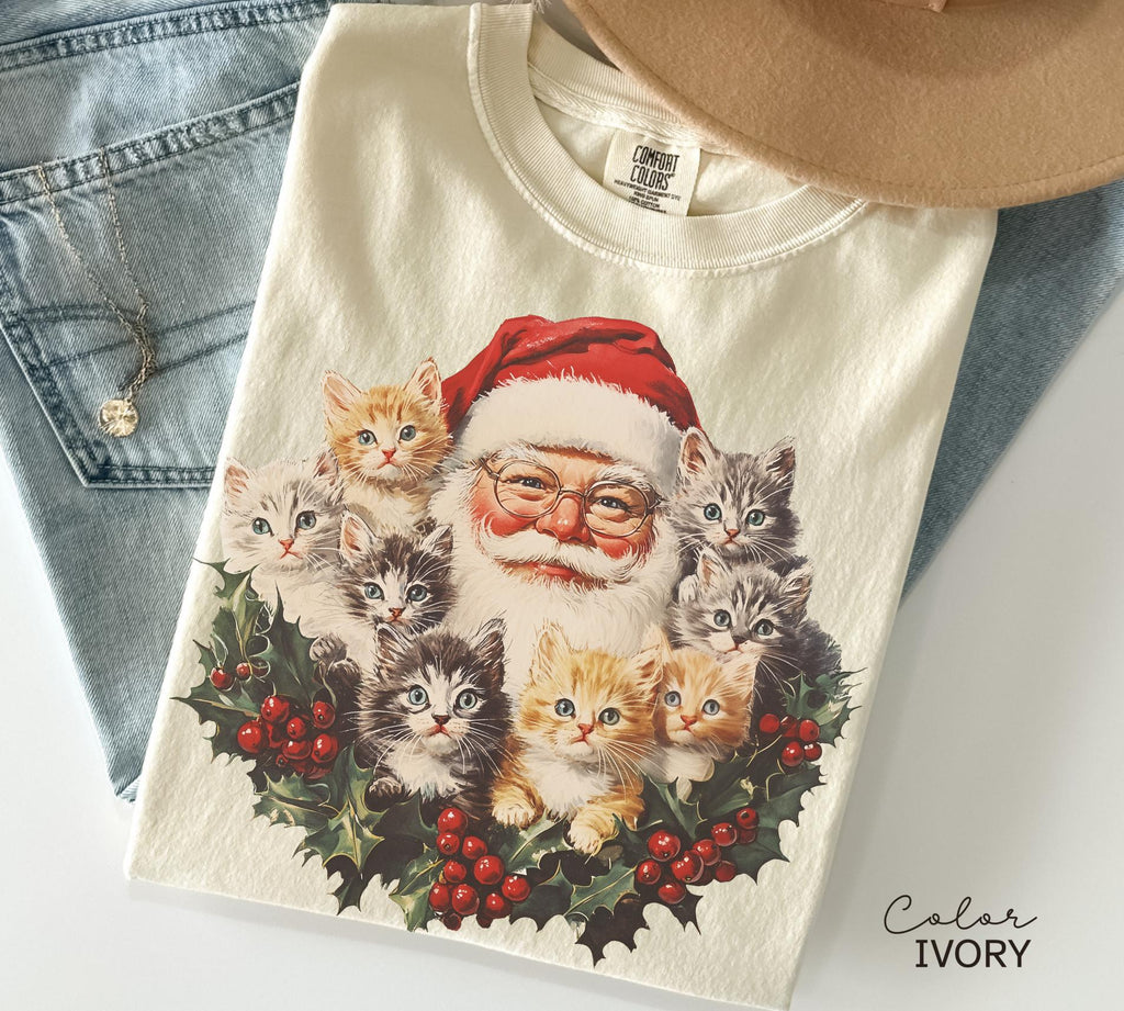 Santa Claus Kittens Christmas Shirt, Comfort Colors, Retro Old Saint Nick Holiday Crewneck, Funny Ugly T-shirt, Xmas Gift For Cat Lovers