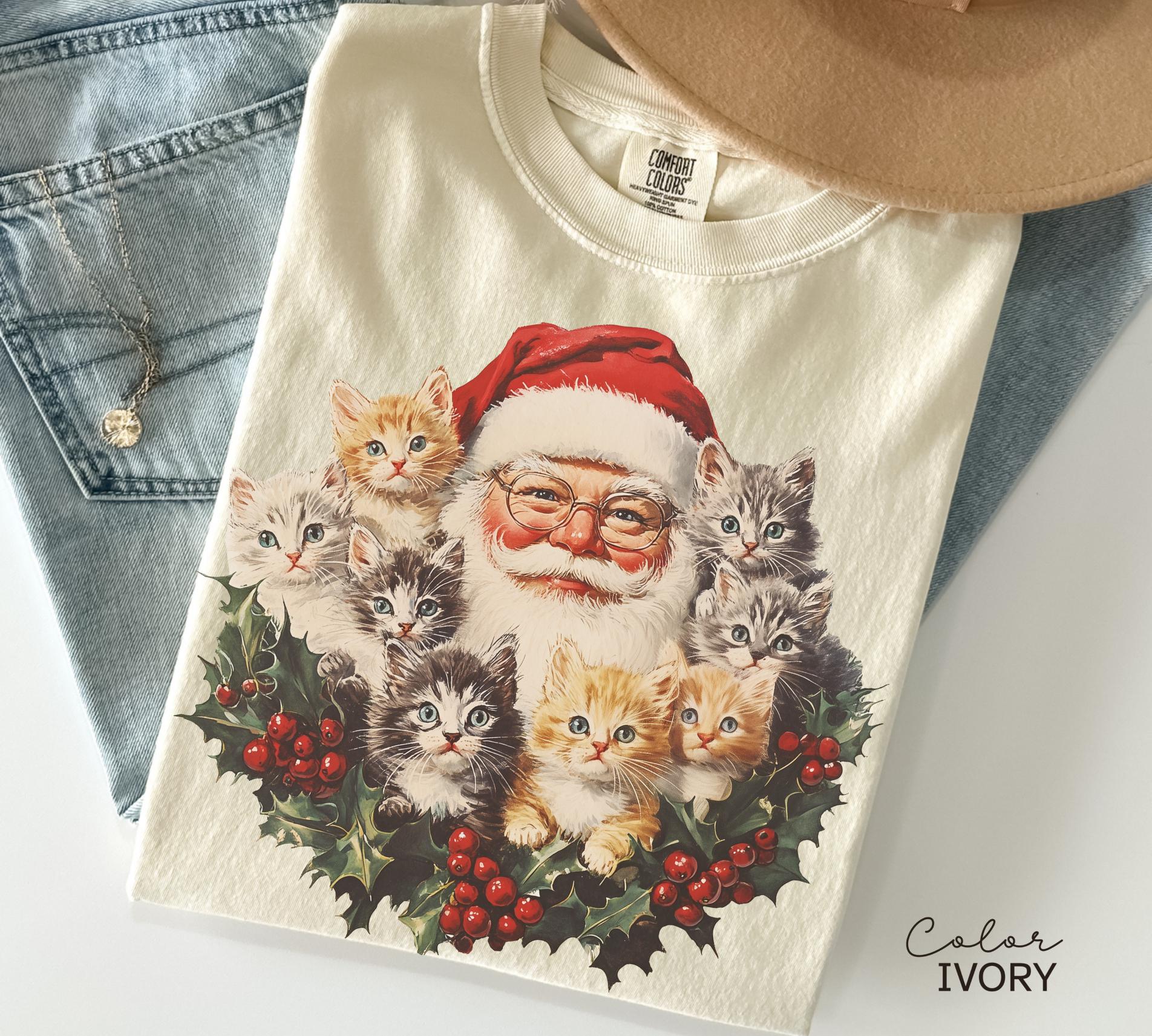 Santa Claus Kittens Christmas Shirt, Comfort Colors, Retro Old Saint Nick Holiday Crewneck, Funny Ugly T-shirt, Xmas Gift For Cat Lovers
