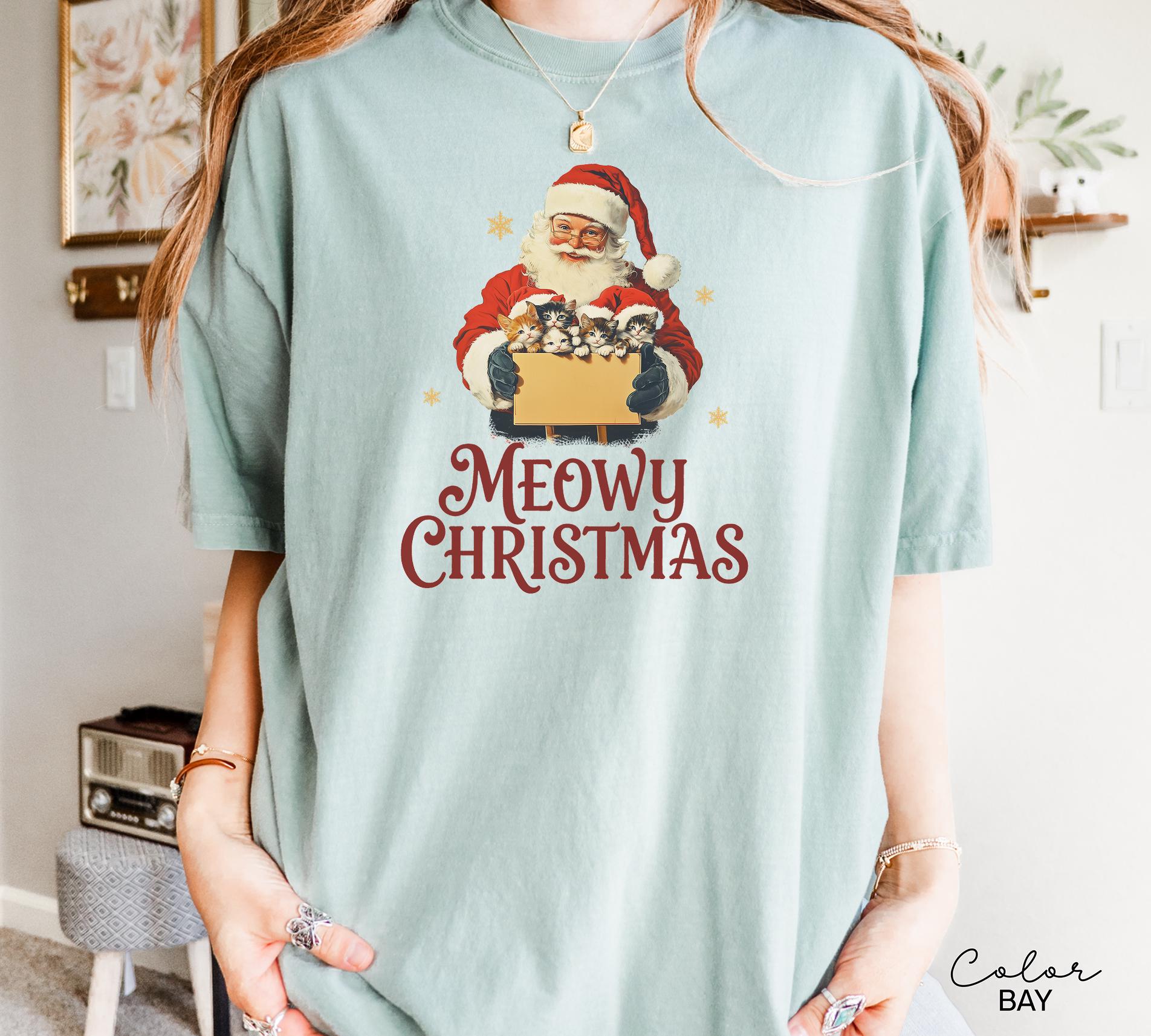 Retro Christmas Cat Santa Shirt, Meowy Christmas Gift, Merry Christmas Shirt, Womens Holiday t-shirt, Cat Lover Gift, Comfort Colors
