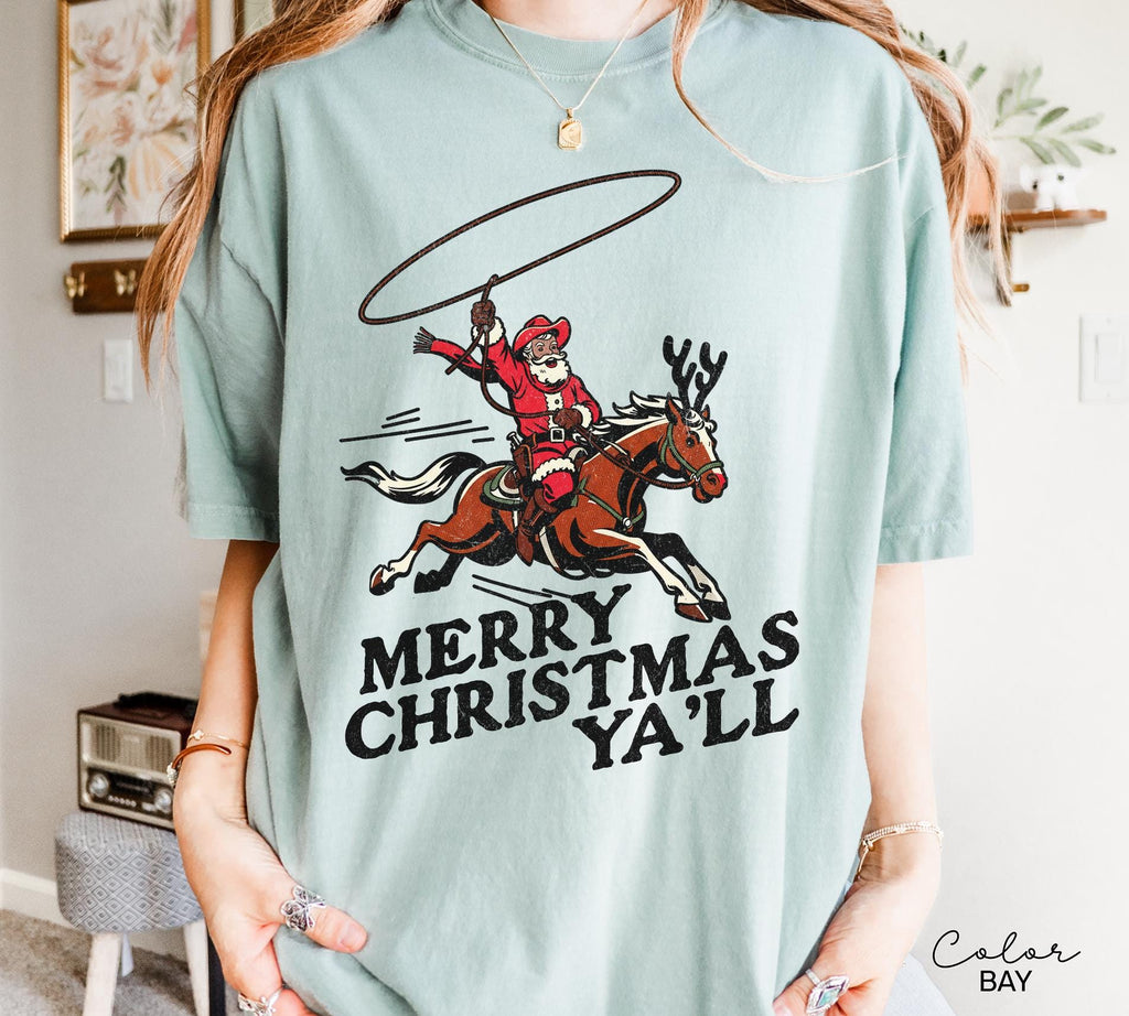Merry Christmas Ya'll Cowboy Santa Christmas Shirt, Vintage Style Country Christmas, Western Christmas