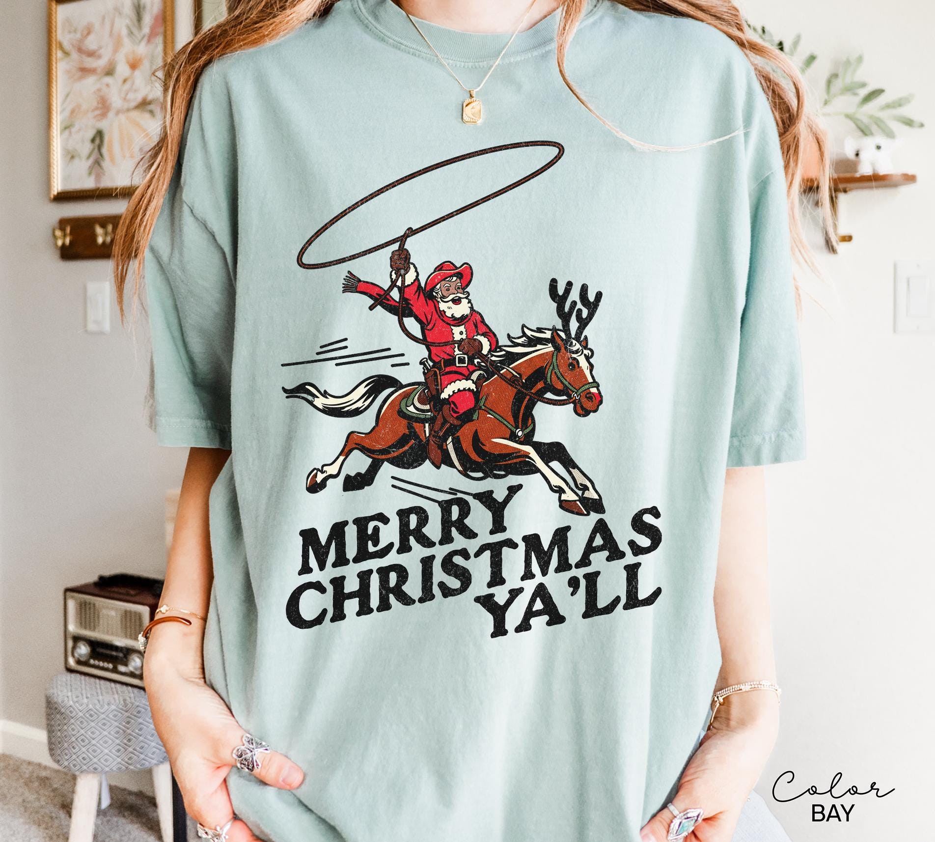 Merry Christmas Ya'll Cowboy Santa Christmas Shirt, Vintage Style Country Christmas, Western Christmas
