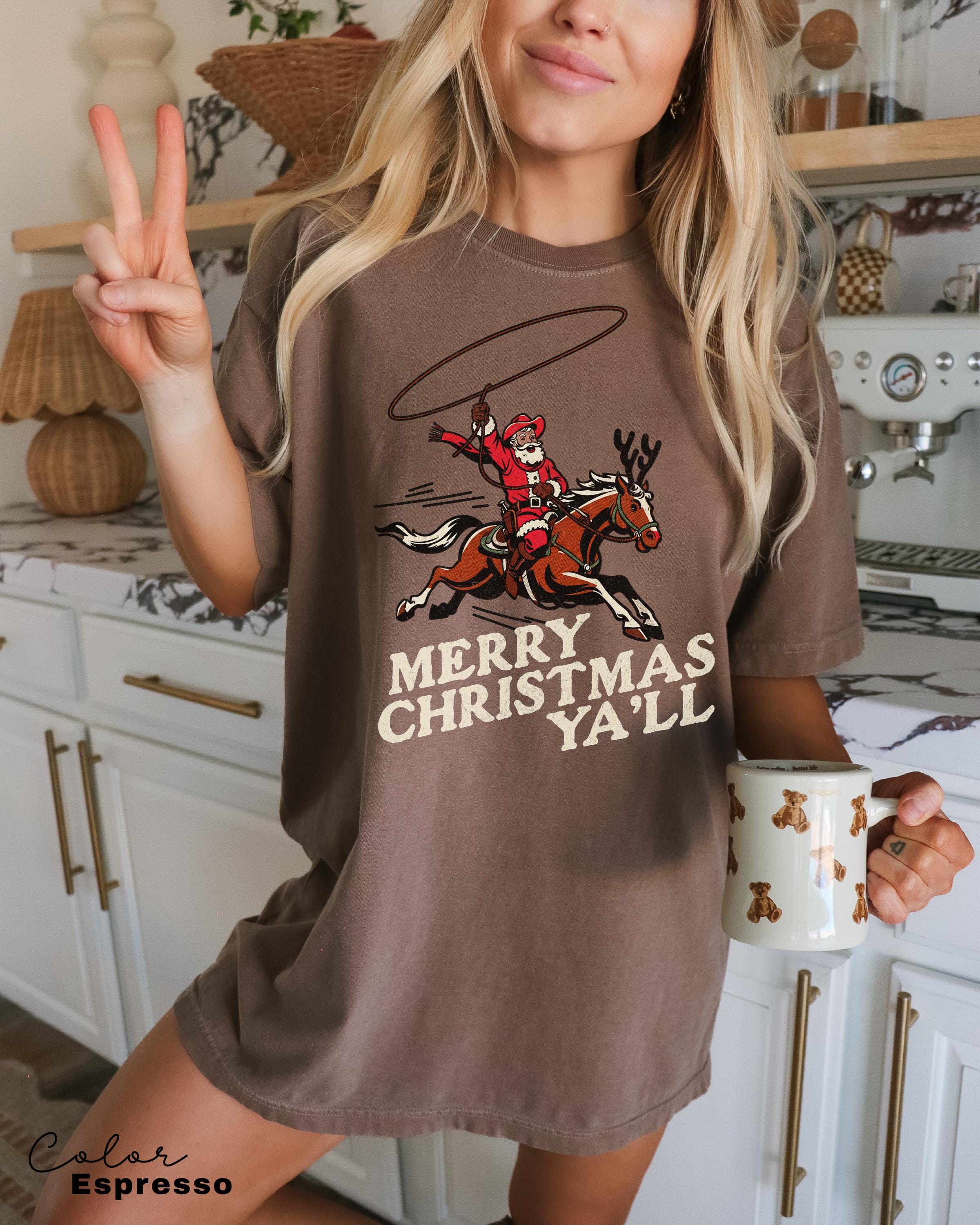 Merry Christmas Ya'll Cowboy Santa Christmas Shirt, Vintage Style Country Christmas, Western Christmas