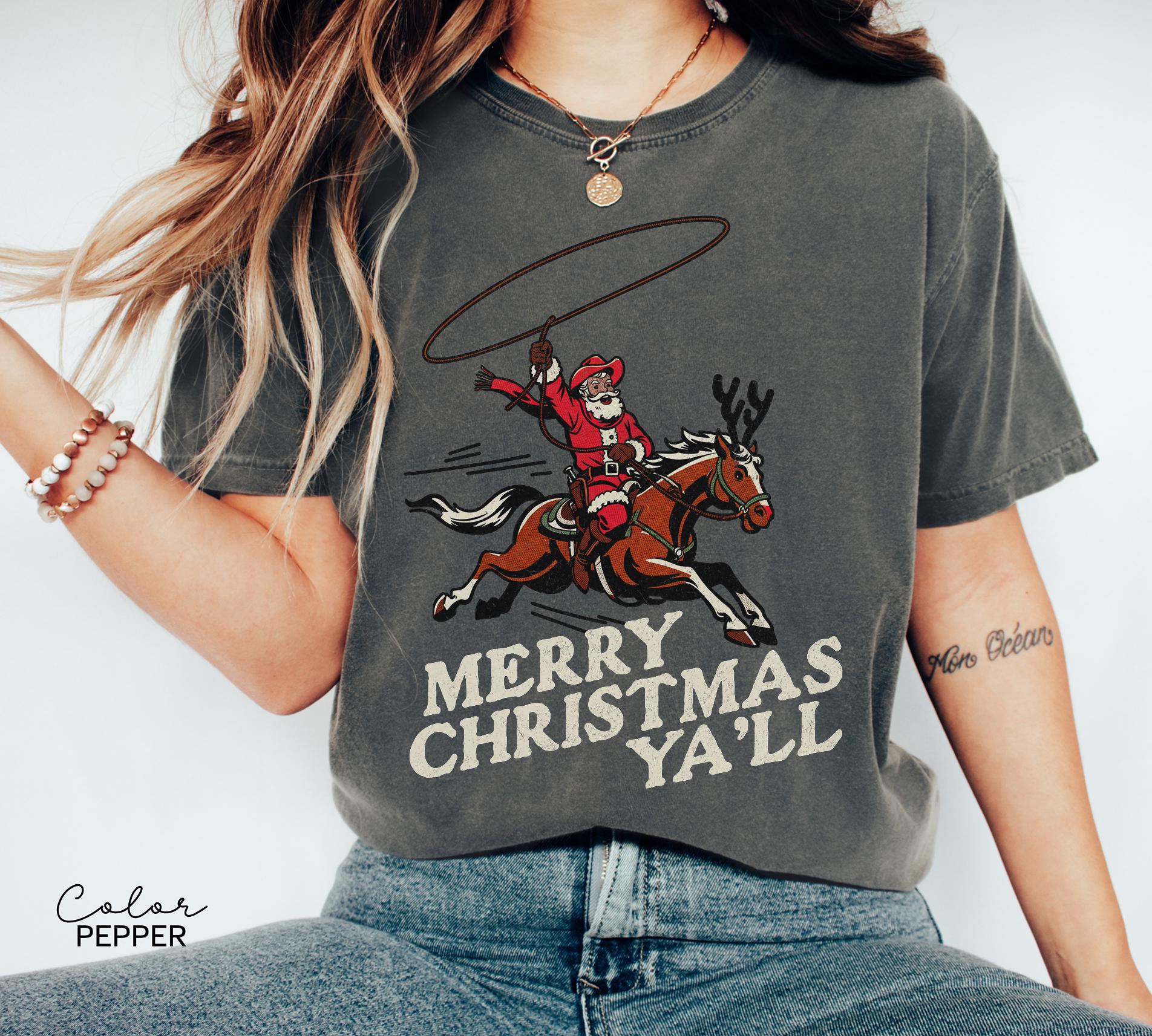 Merry Christmas Ya'll Cowboy Santa Christmas Shirt, Vintage Style Country Christmas, Western Christmas