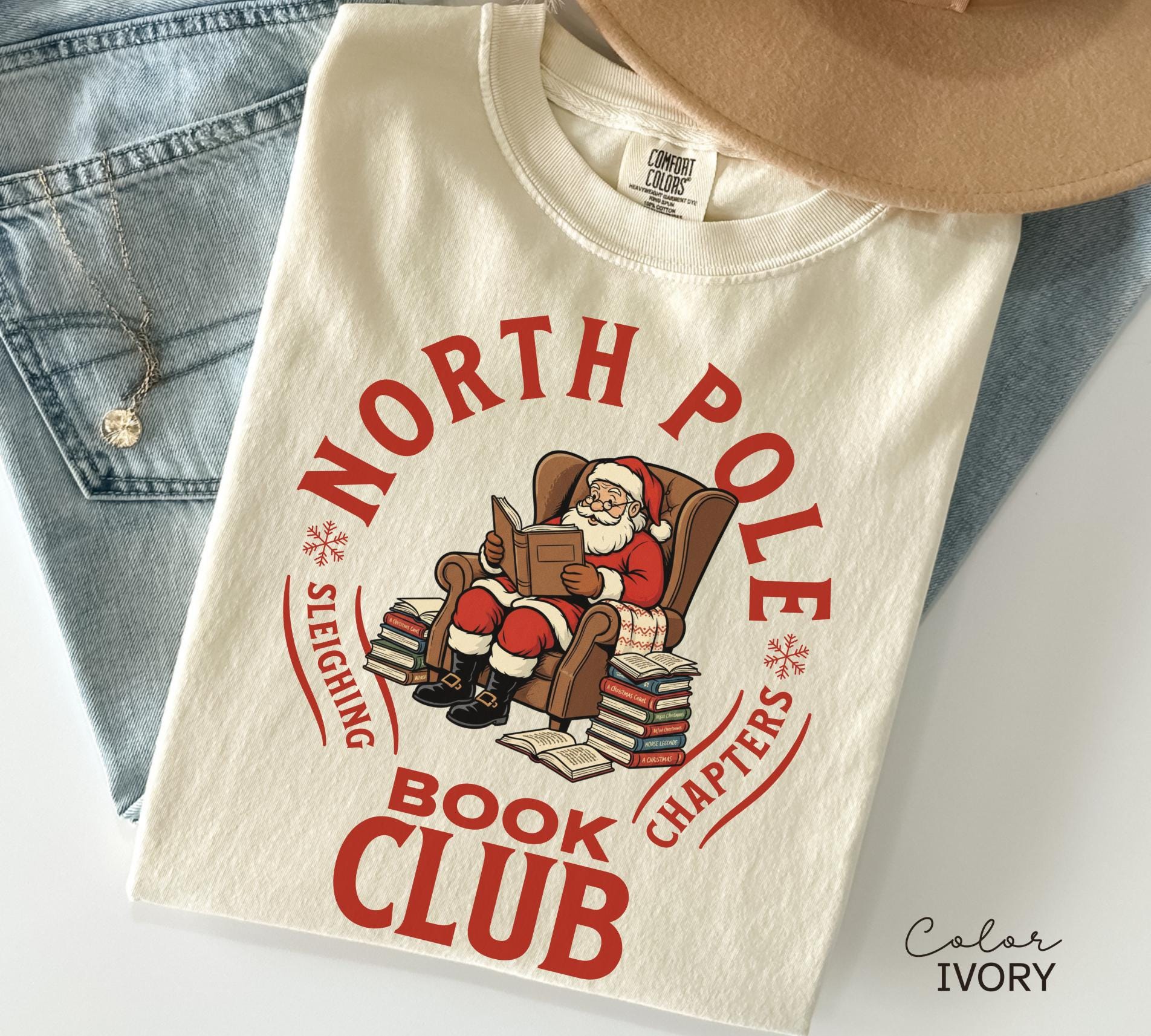 Retro Santa Claus Shirt, North Pole Book Club Shirt, Funny Christmas Shirt, Comfort Colors Shirt, Graphic Tee, Book Lover Gift