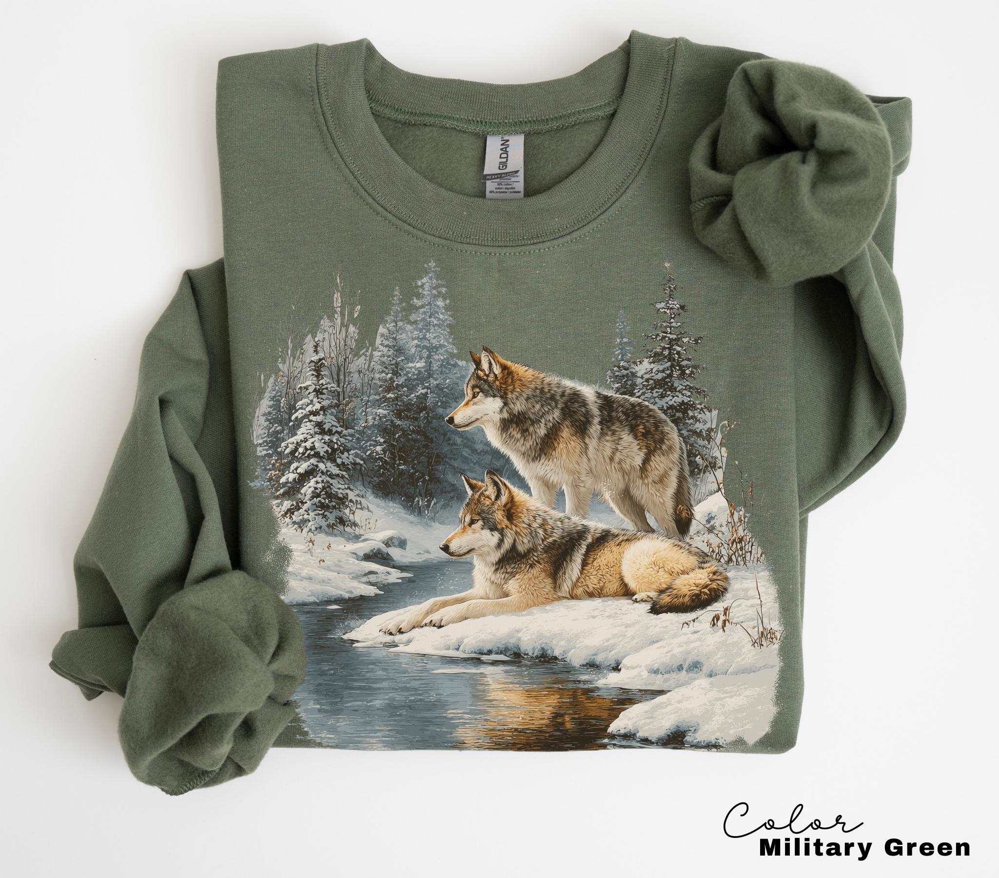 Retro Wolf 90s Sweatshirt , Nature Vintage Wildlife Forest Crewneck, Boho Unisex Cabincore Crewneck Cozy Season Rustic Wolves, Nostalgia