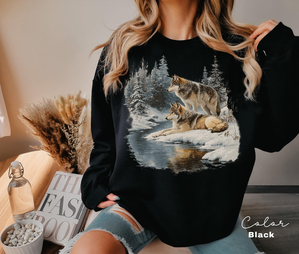 Retro Wolf 90s Sweatshirt , Nature Vintage Wildlife Forest Crewneck, Boho Unisex Cabincore Crewneck Cozy Season Rustic Wolves, Nostalgia
