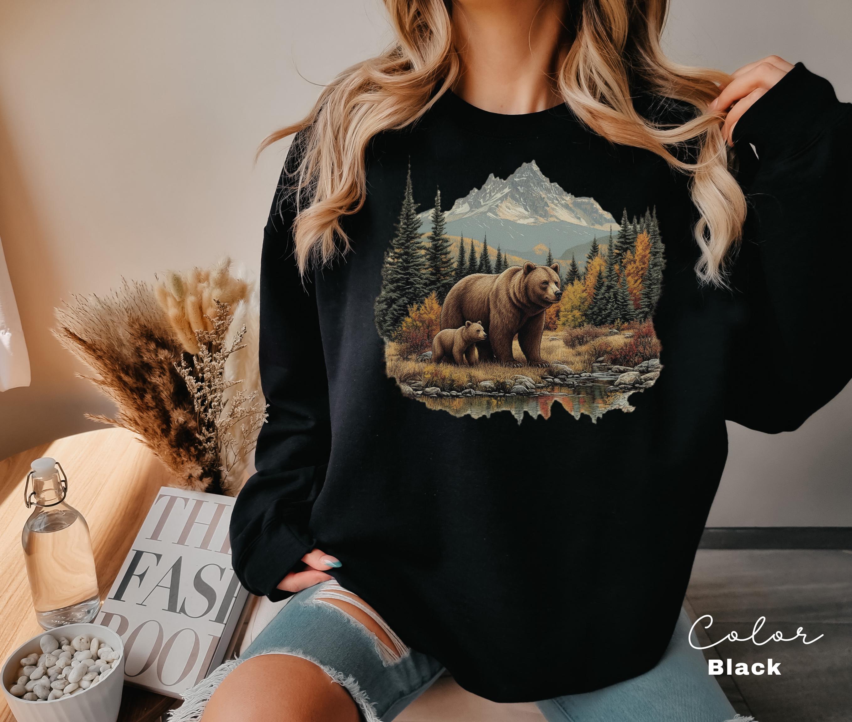 Retro Bear Sweatshirt, Vintage Fall Hunter Scene Shirt, 90s Forest Nature Outfit Crewneck, Americana Nostalgia Grizzly Bear, Nature Camping