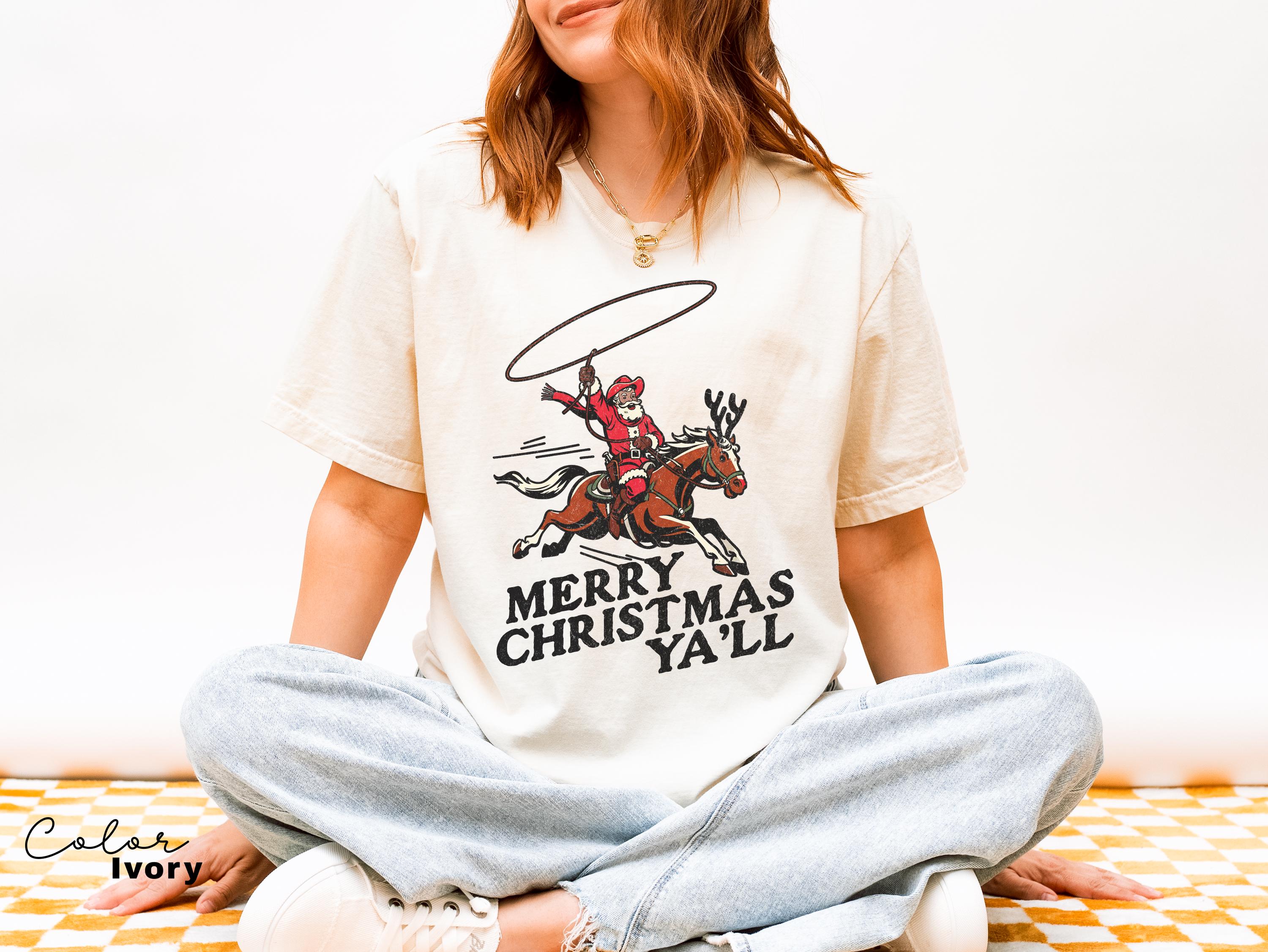 Merry Christmas Ya'll Cowboy Santa Christmas Shirt, Vintage Style Country Christmas, Western Christmas