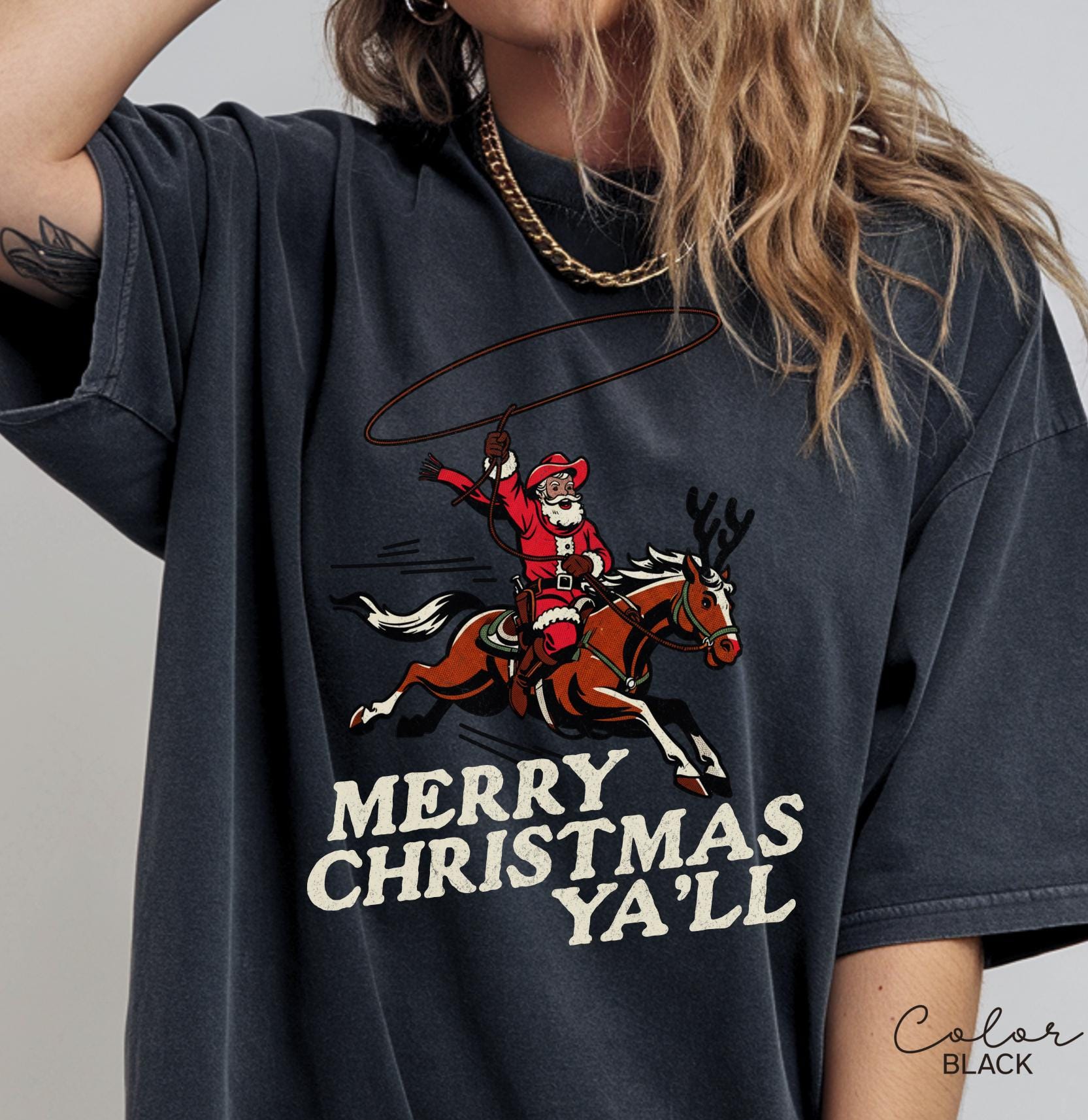 Merry Christmas Ya'll Cowboy Santa Christmas Shirt, Vintage Style Country Christmas, Western Christmas