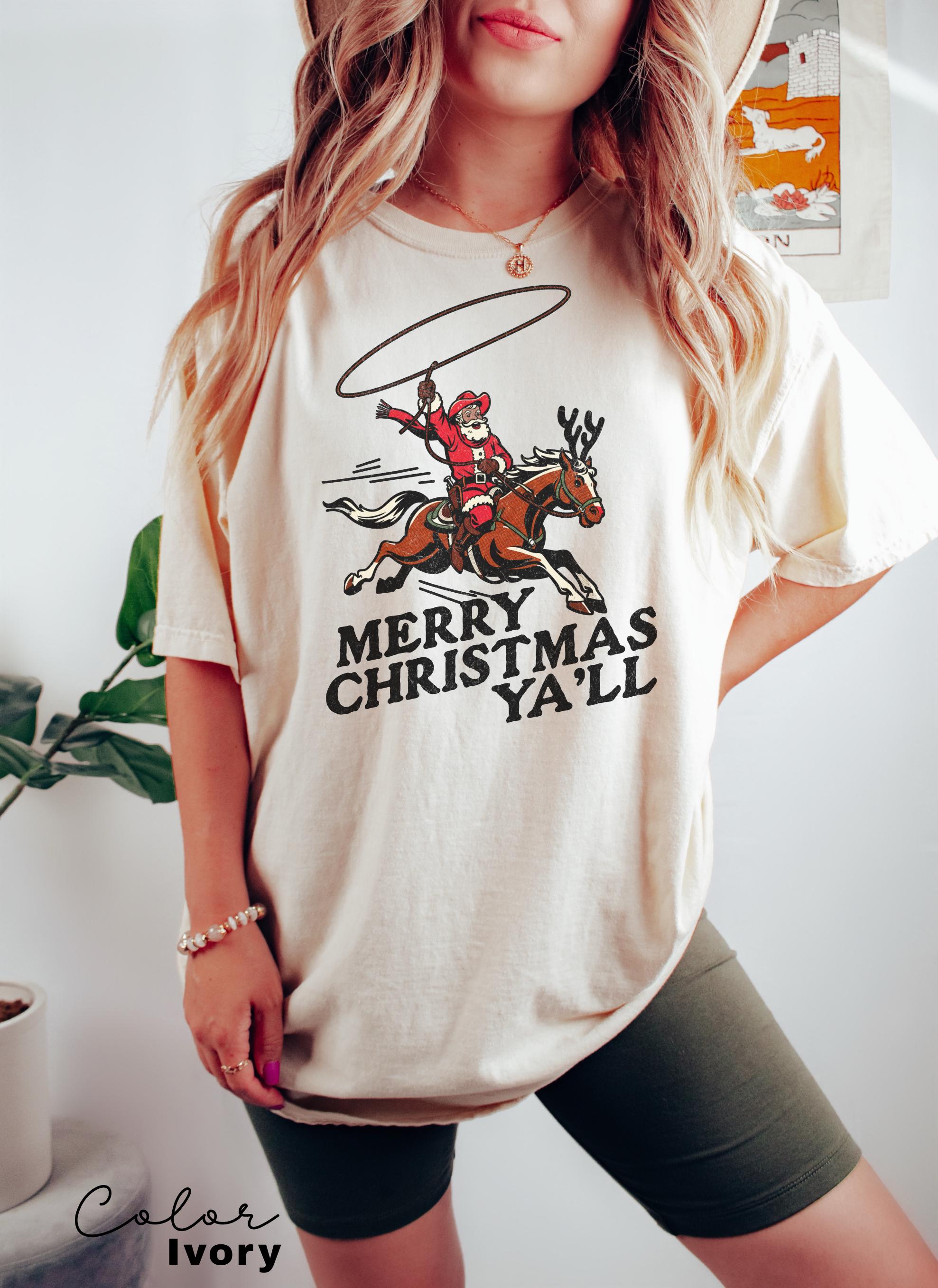 Merry Christmas Ya'll Cowboy Santa Christmas Shirt, Vintage Style Country Christmas, Western Christmas