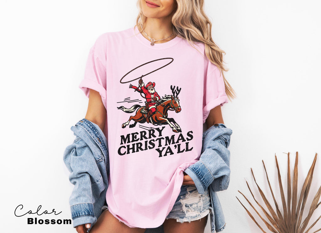 Merry Christmas Ya'll Cowboy Santa Christmas Shirt, Vintage Style Country Christmas, Western Christmas