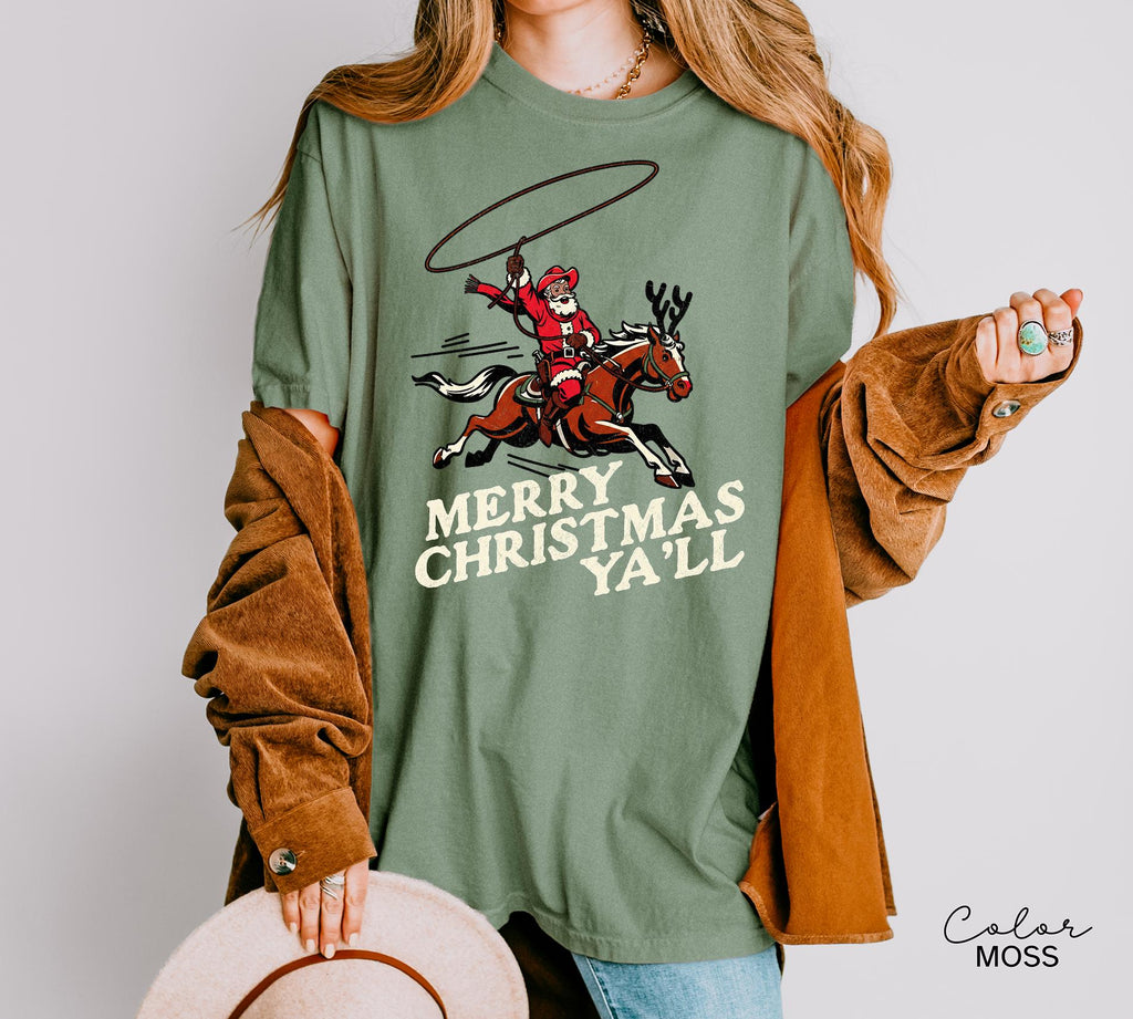 Merry Christmas Ya'll Cowboy Santa Christmas Shirt, Vintage Style Country Christmas, Western Christmas