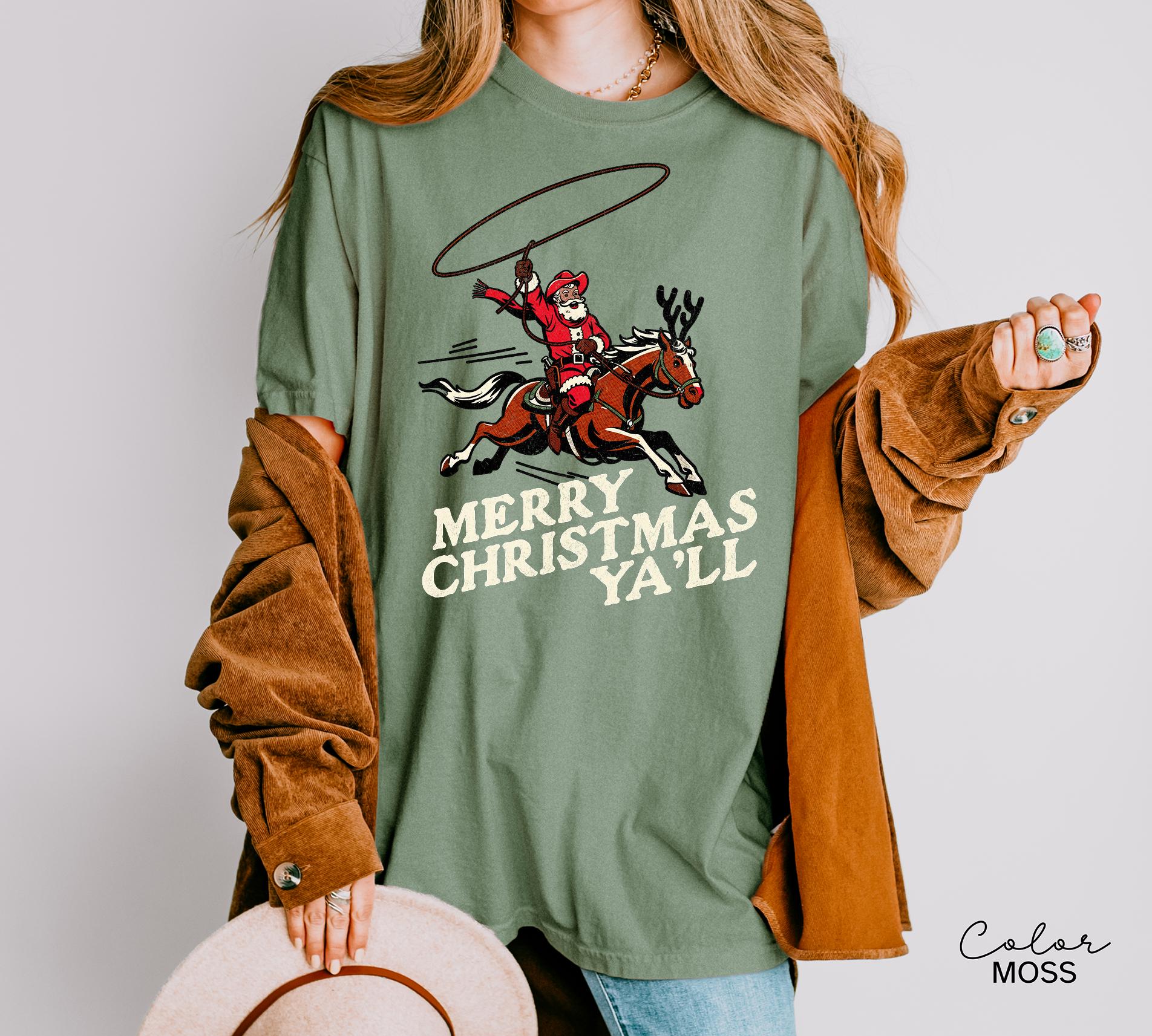 Merry Christmas Ya'll Cowboy Santa Christmas Shirt, Vintage Style Country Christmas, Western Christmas