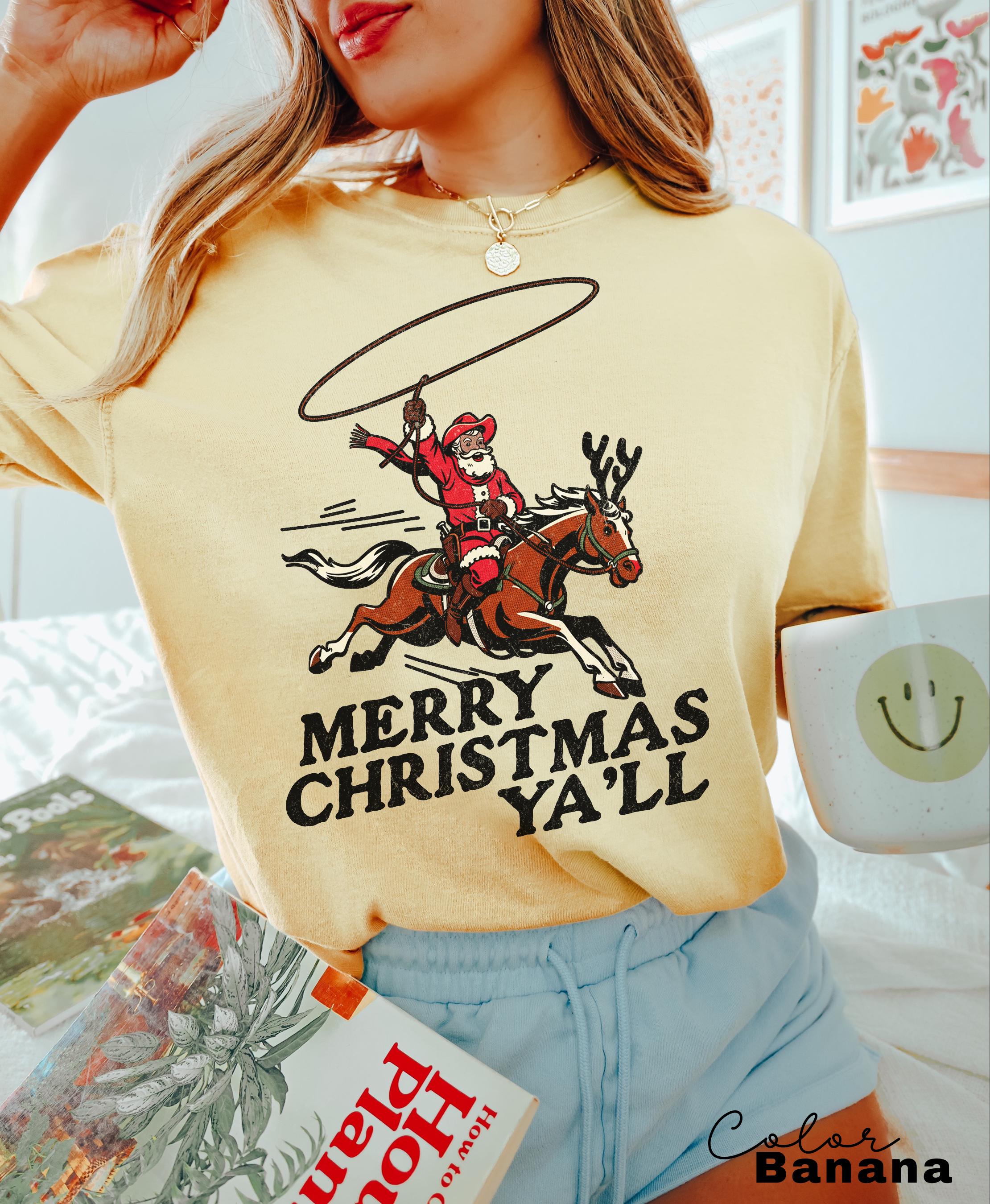 Merry Christmas Ya'll Cowboy Santa Christmas Shirt, Vintage Style Country Christmas, Western Christmas