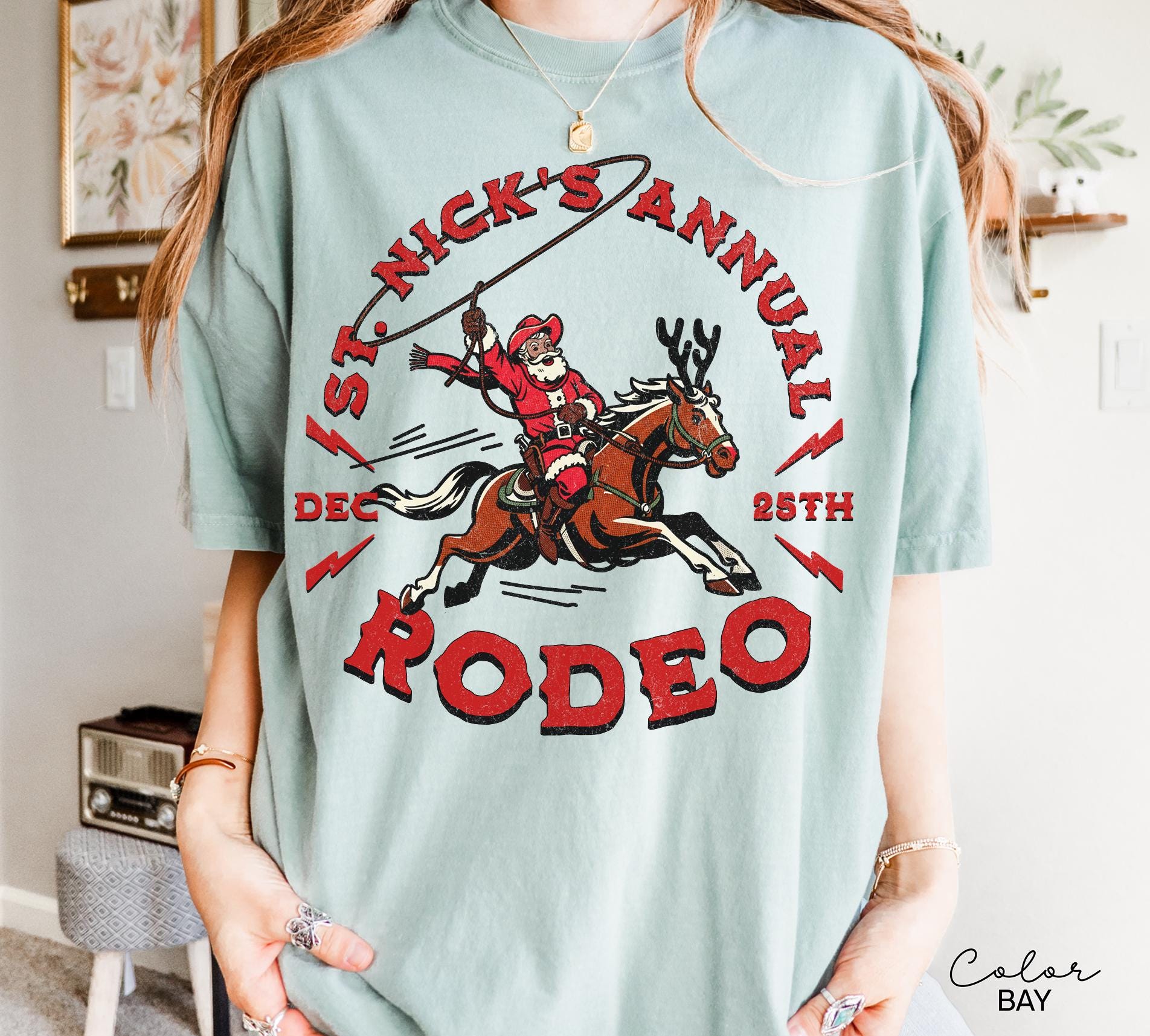 St. Nick's Rodeo Santa Western Roping Christmas Shirt, Vintage Country Christmas T-shirt, Retro Western