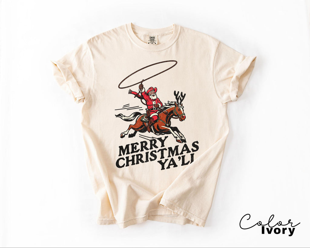 Merry Christmas Ya'll Cowboy Santa Christmas Shirt, Vintage Style Country Christmas, Western Christmas