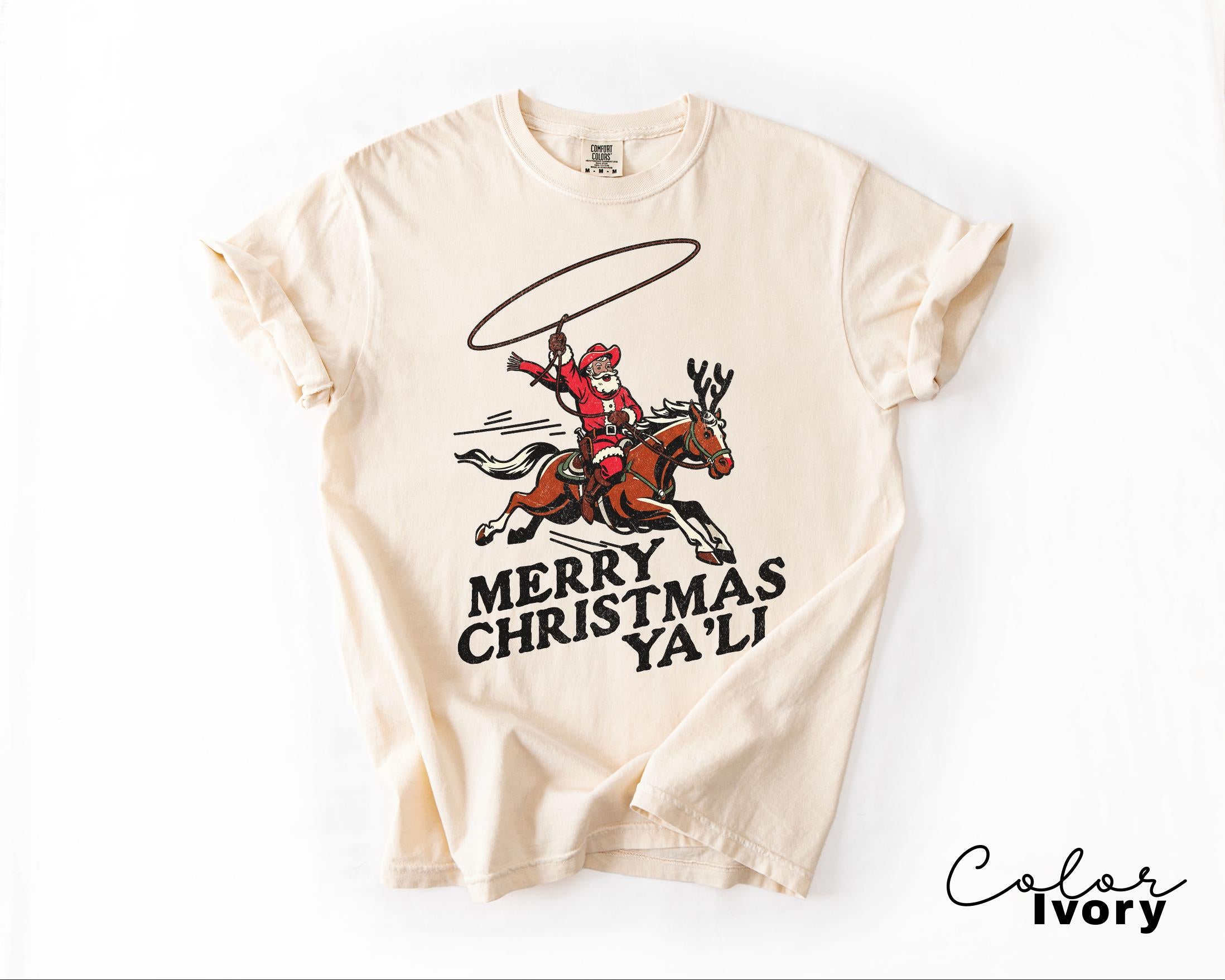 Merry Christmas Ya'll Cowboy Santa Christmas Shirt, Vintage Style Country Christmas, Western Christmas