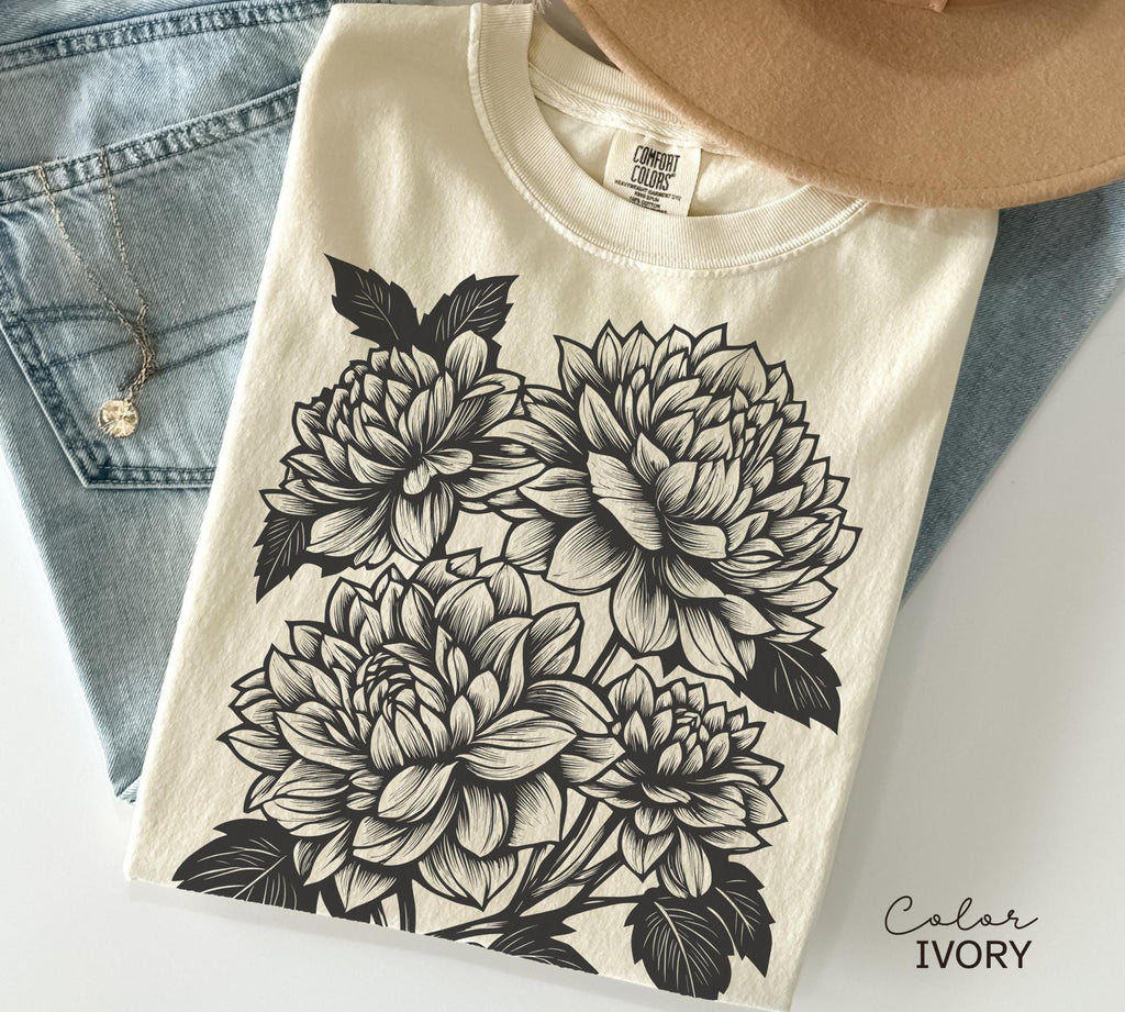 Vintage Linocut Flower Sweatshirt, Retro Floral T-shirt, Cottagecore Boho Botanical Shirt, Dark Academia Flower,