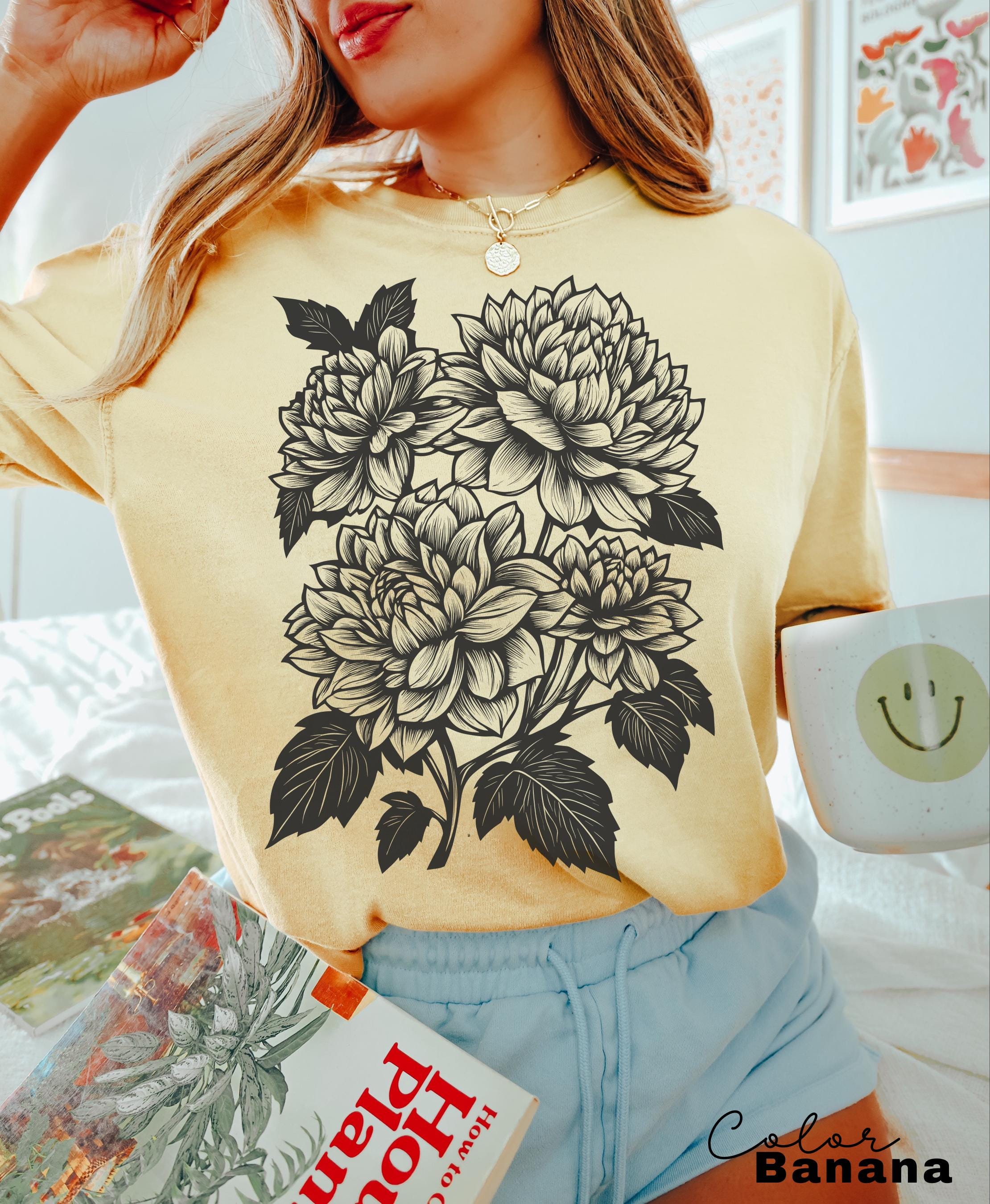 Vintage Linocut Flower Sweatshirt, Retro Floral T-shirt, Cottagecore Boho Botanical Shirt, Dark Academia Flower,