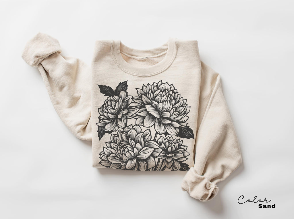Vintage Linocut Flower Sweatshirt, Retro Floral T-shirt, Cottagecore Boho Botanical Shirt, Dark Academia Flower,