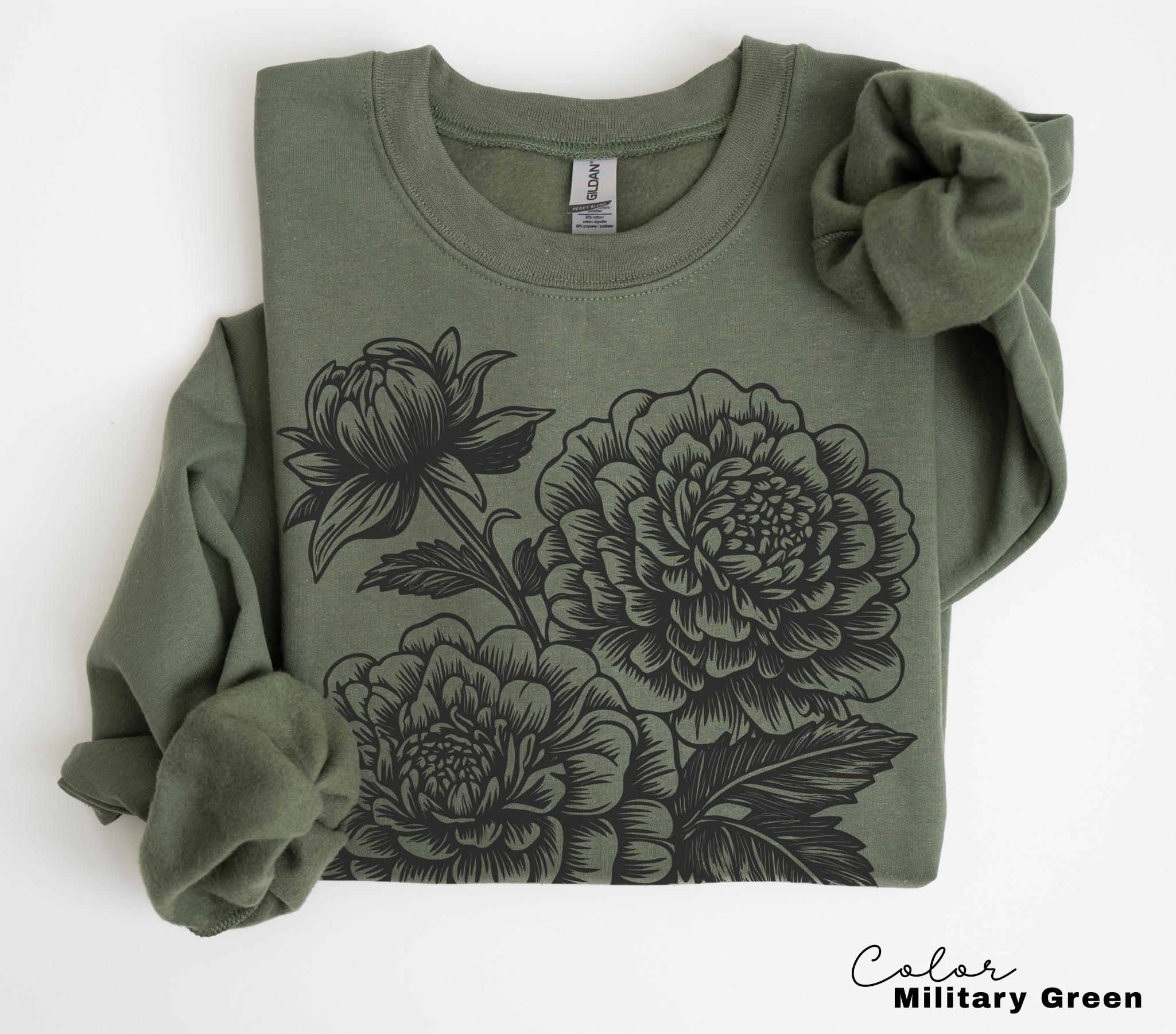 Vintage Linocut Flower Sweatshirt, Retro Floral Cottagecore Shirt