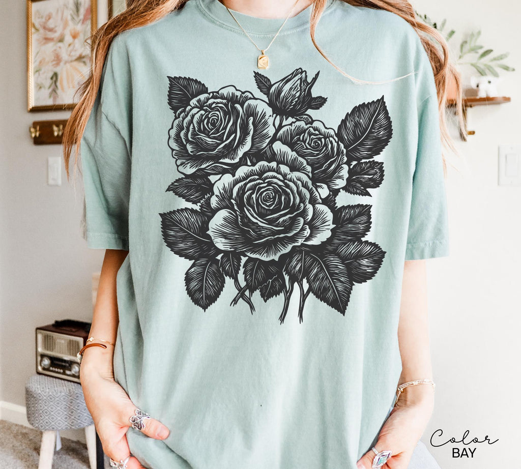Retro Linocut Flower Sweatshirt, Cottagecore Boho Botanical Shirt