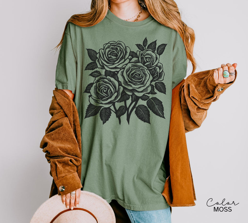 Vintage Retro Rose Sweatshirt, Linocut Floral Cottagecore Shirt
