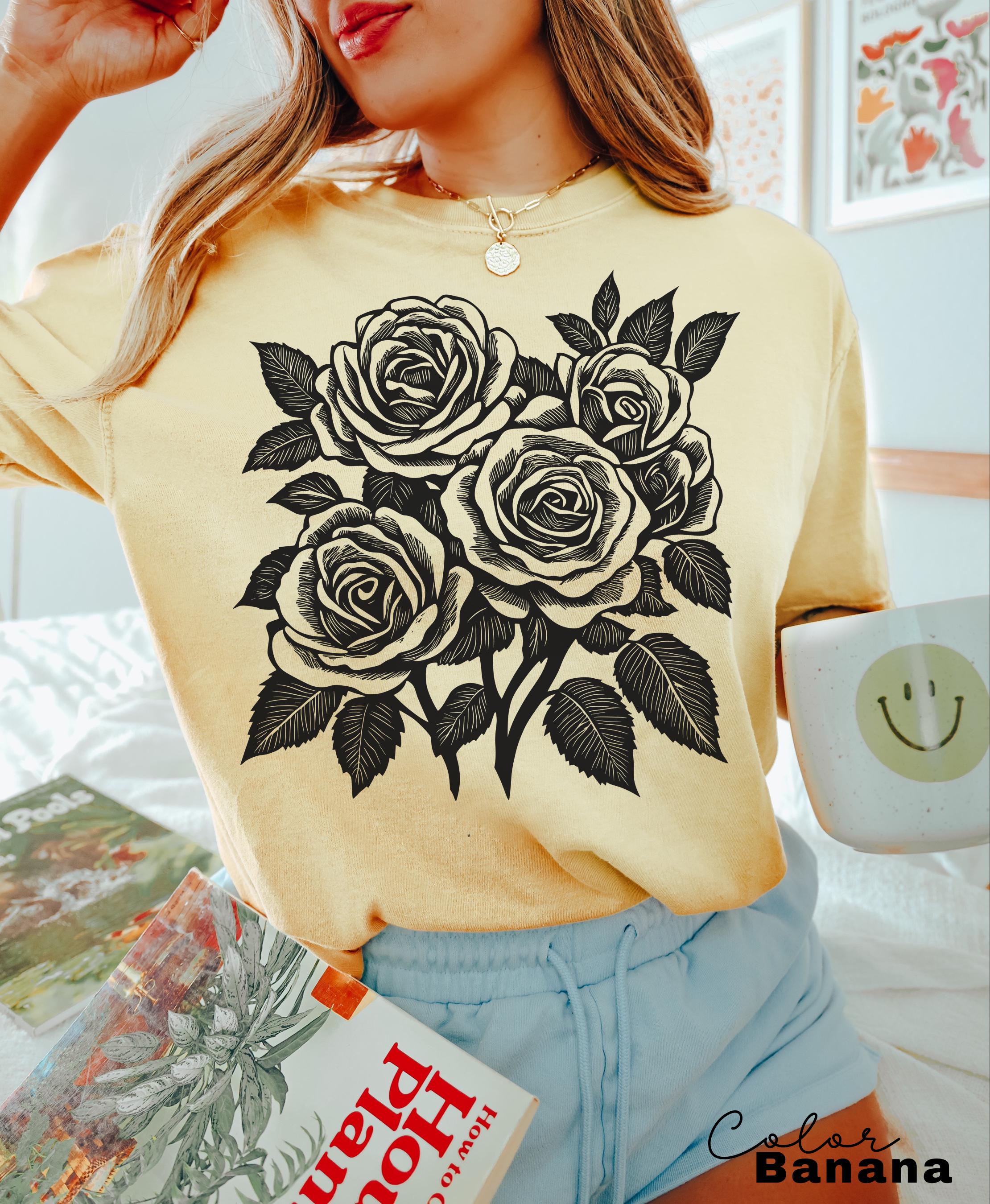 Vintage Retro Rose Sweatshirt, Linocut Floral T-shirt, Cottagecore Boho Botanical Shirt, Dark Academia Flower