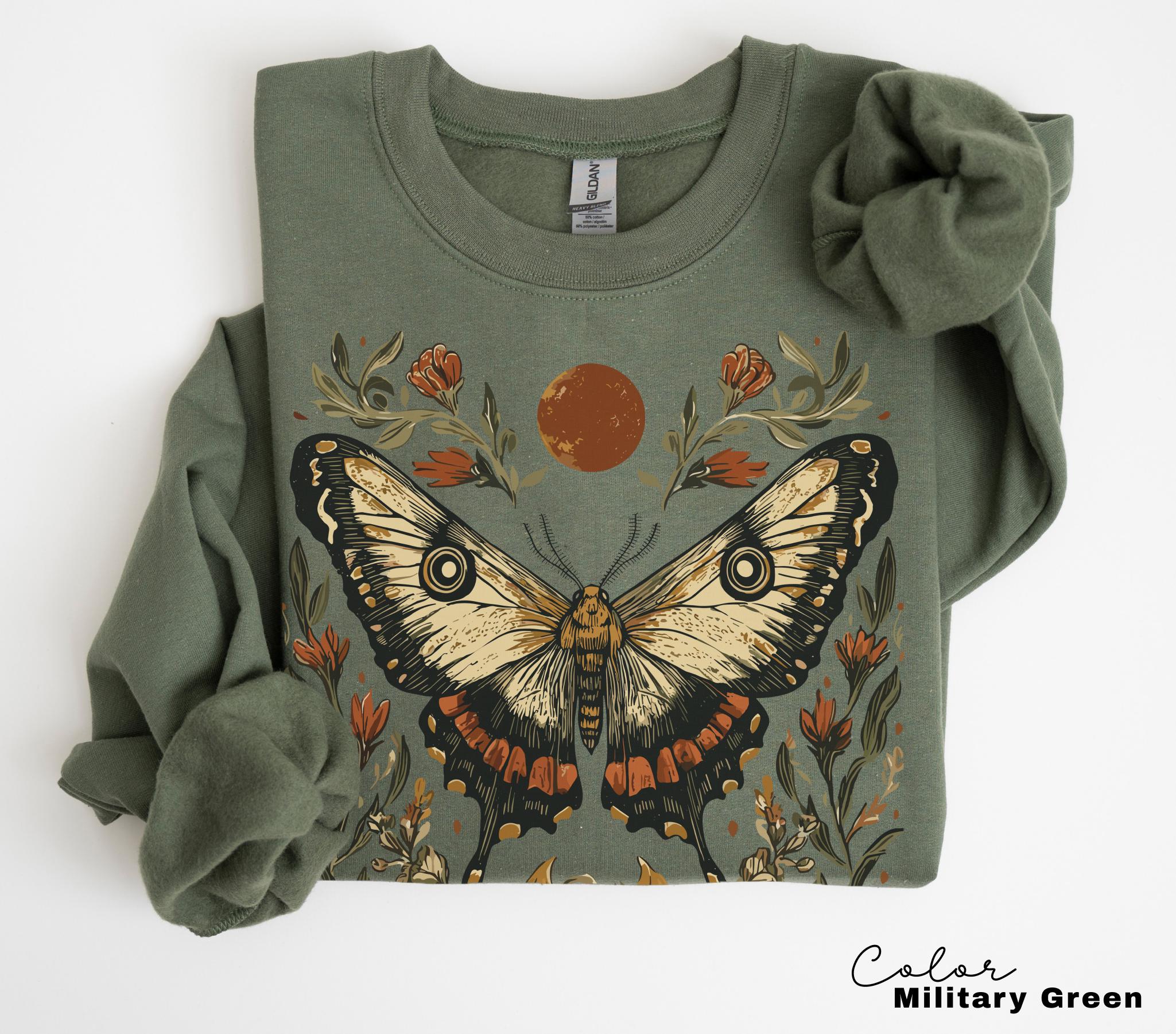 Luna Moth Sweatshirt, Dark Cottagecore Floral Crewneck