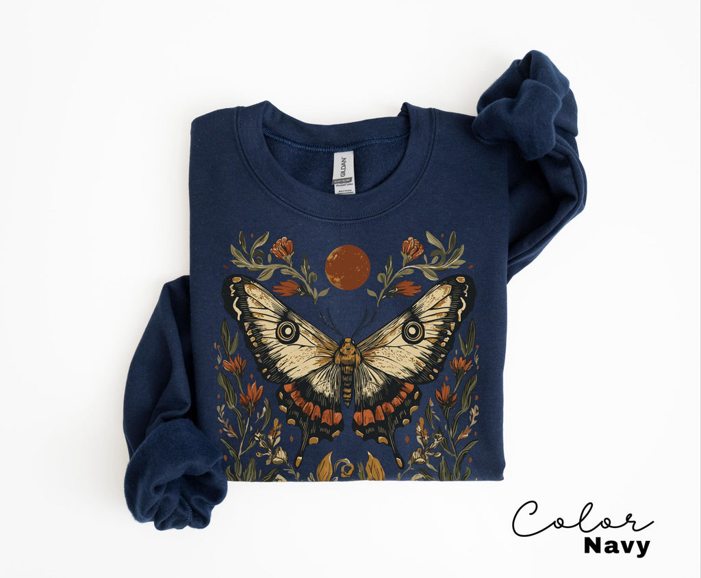 Luna Moth Sweatshirt, Dark Cottagecore Floral Crewneck