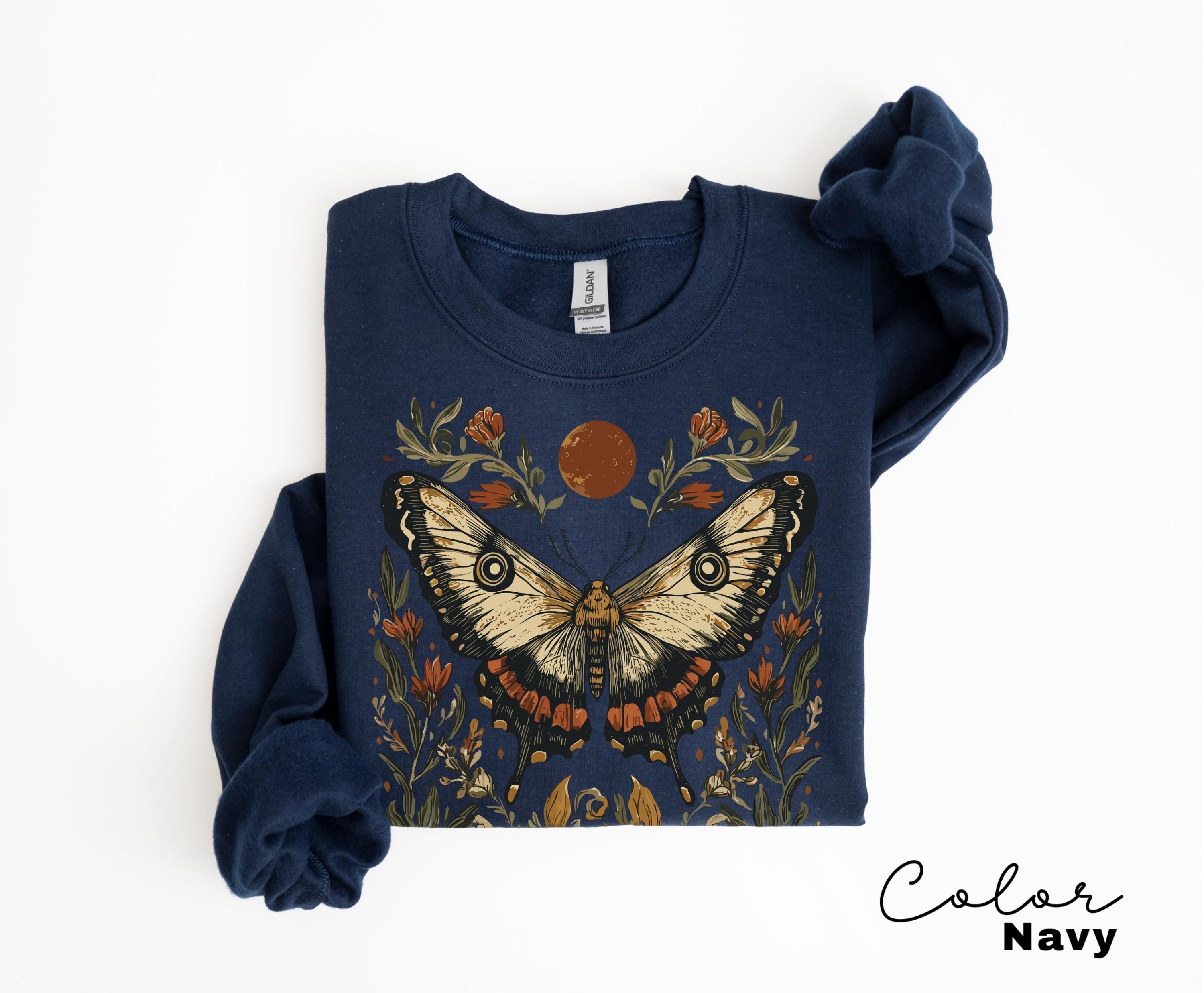 Luna Moth Sweatshirt, Dark Cottagecore Floral Crewneck
