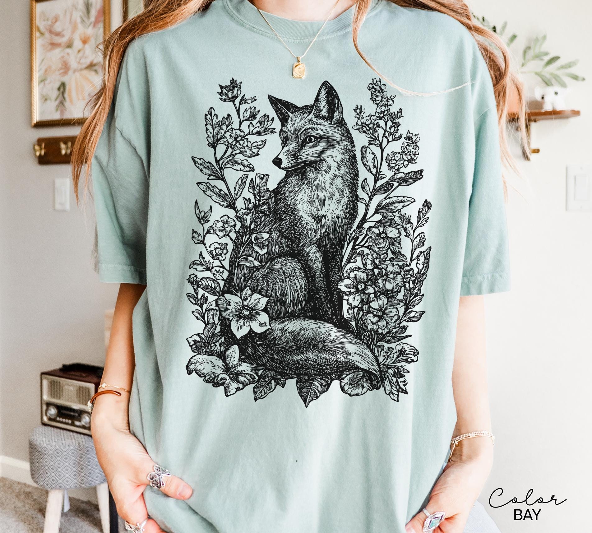 Cottagecore Fox Shirt, Retro Linocut Floral T-Shirt, Comfort Colors Tee