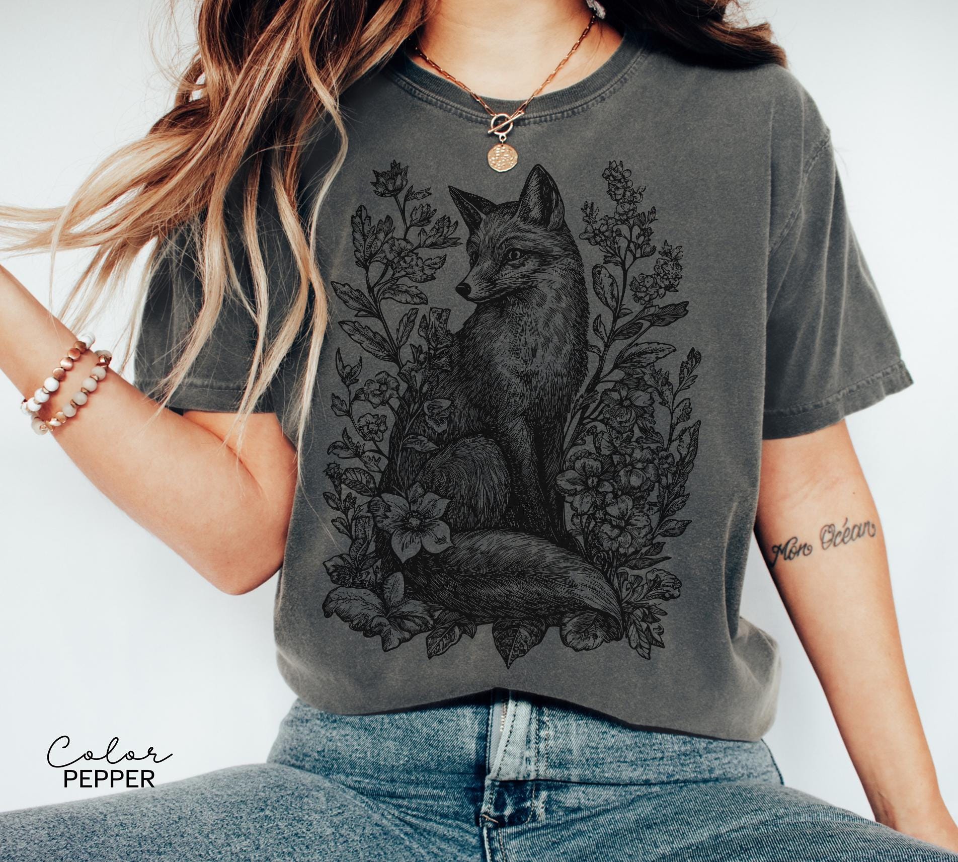 Cottagecore Fox Shirt, Retro Linocut Floral t-shirt, Folk Art Forest Animal Sweatshirt, Woodland Aesthetic Top, Comfort Colors Tee, Boho