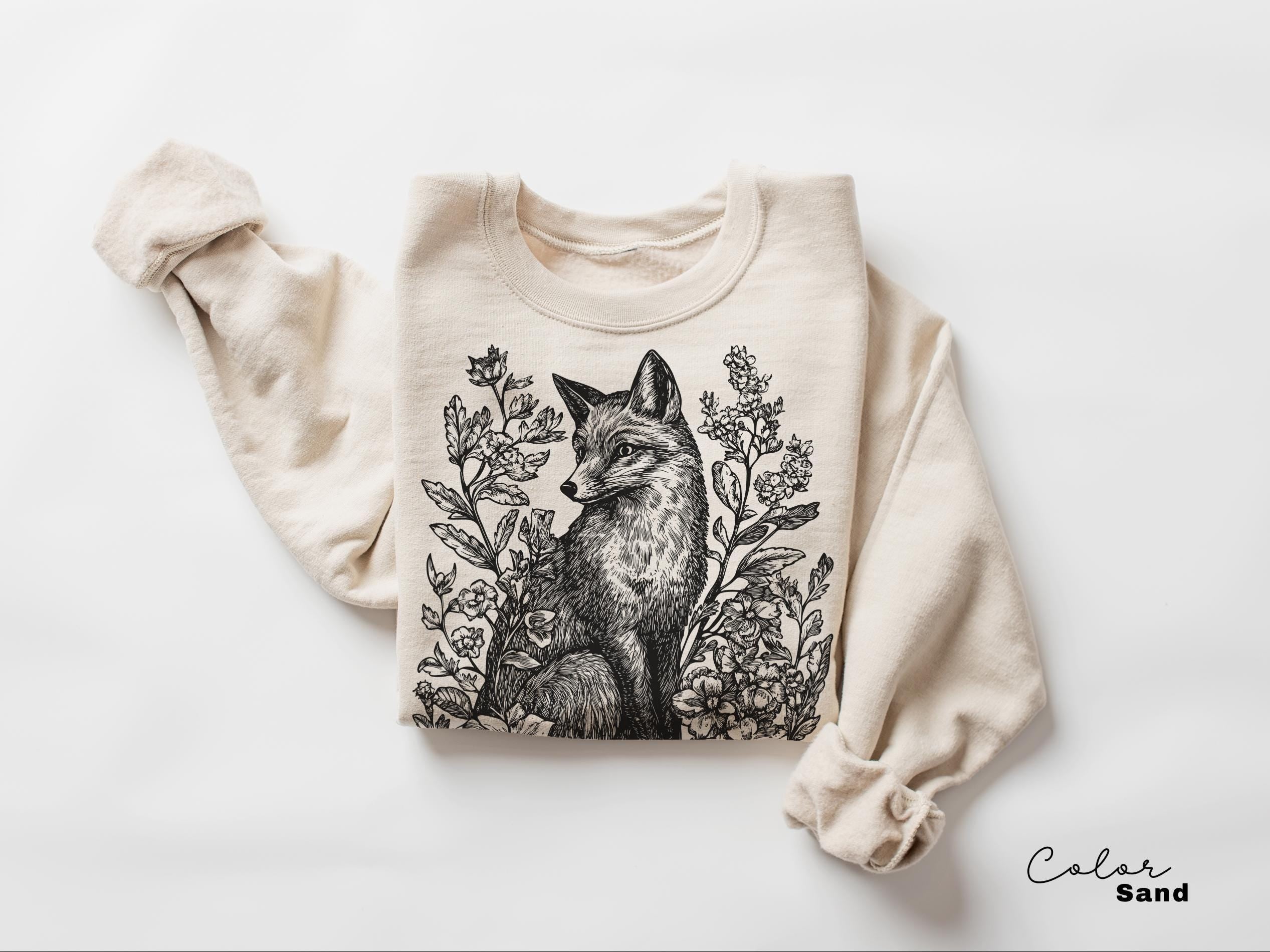 Cottagecore Fox Shirt, Retro Linocut Floral t-shirt, Folk Art Forest Animal Sweatshirt, Woodland Aesthetic Top, Comfort Colors Tee, Boho
