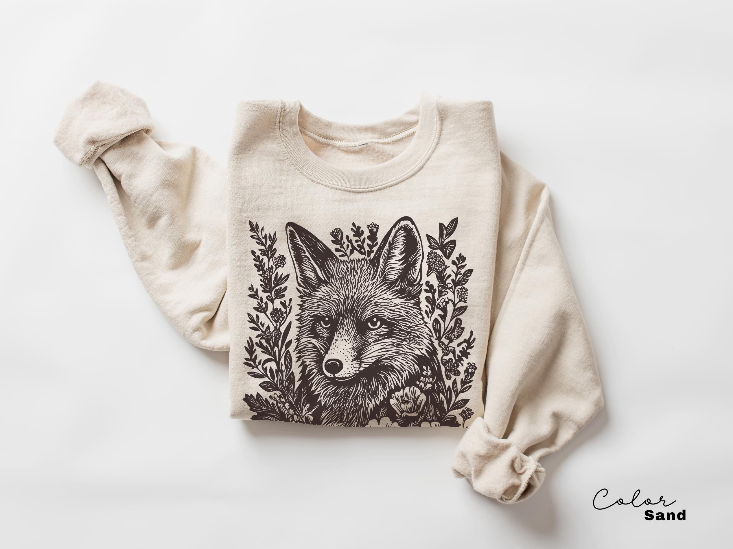 Cottagecore Fox Shirt, Retro Linocut Floral Sweatshirt, Folk Art Forest Animal Sweatshirt, Woodland Aesthetic Top, Comfort Colors Tee, Boho