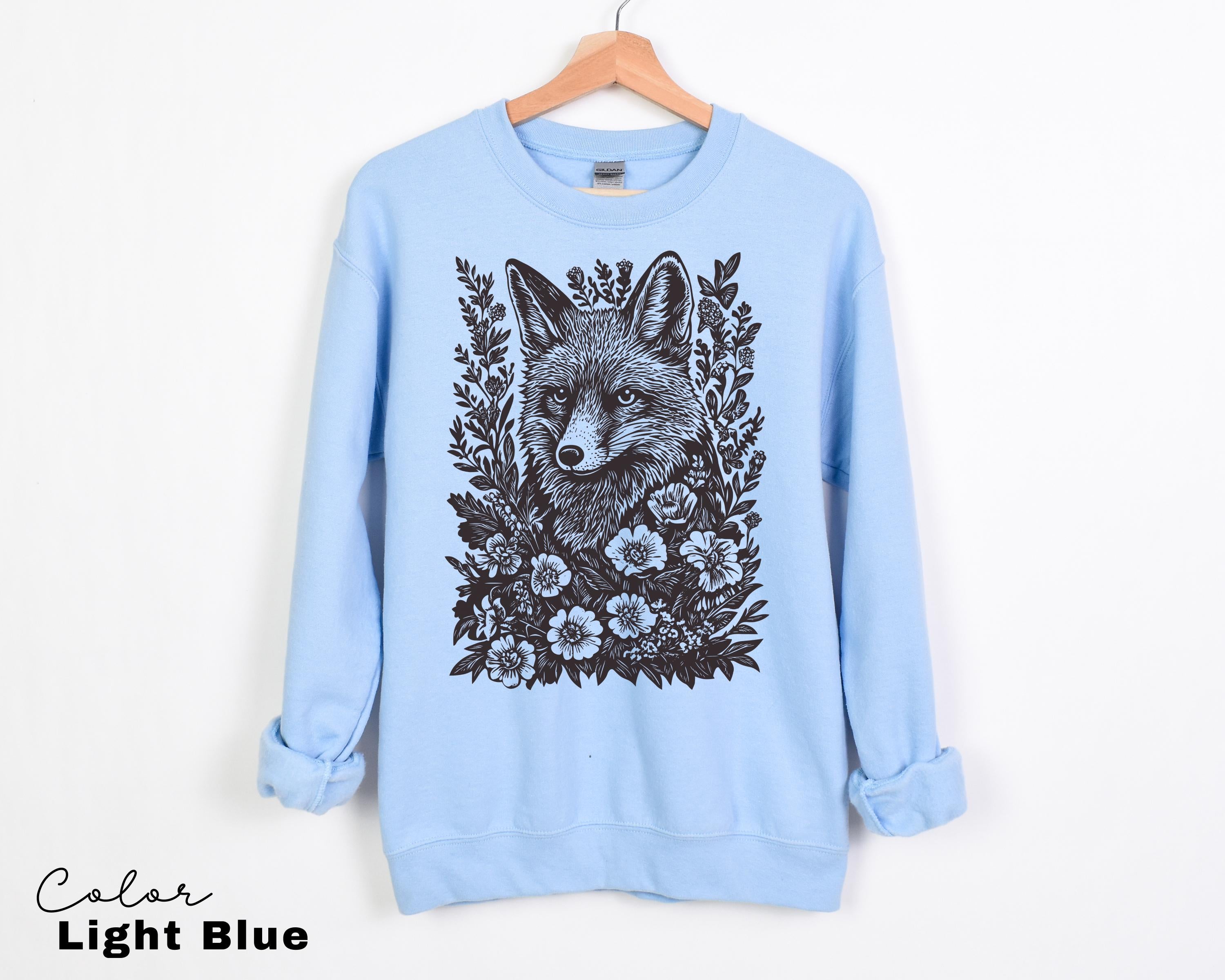 Cottagecore Fox Shirt, Retro Linocut Floral Sweatshirt