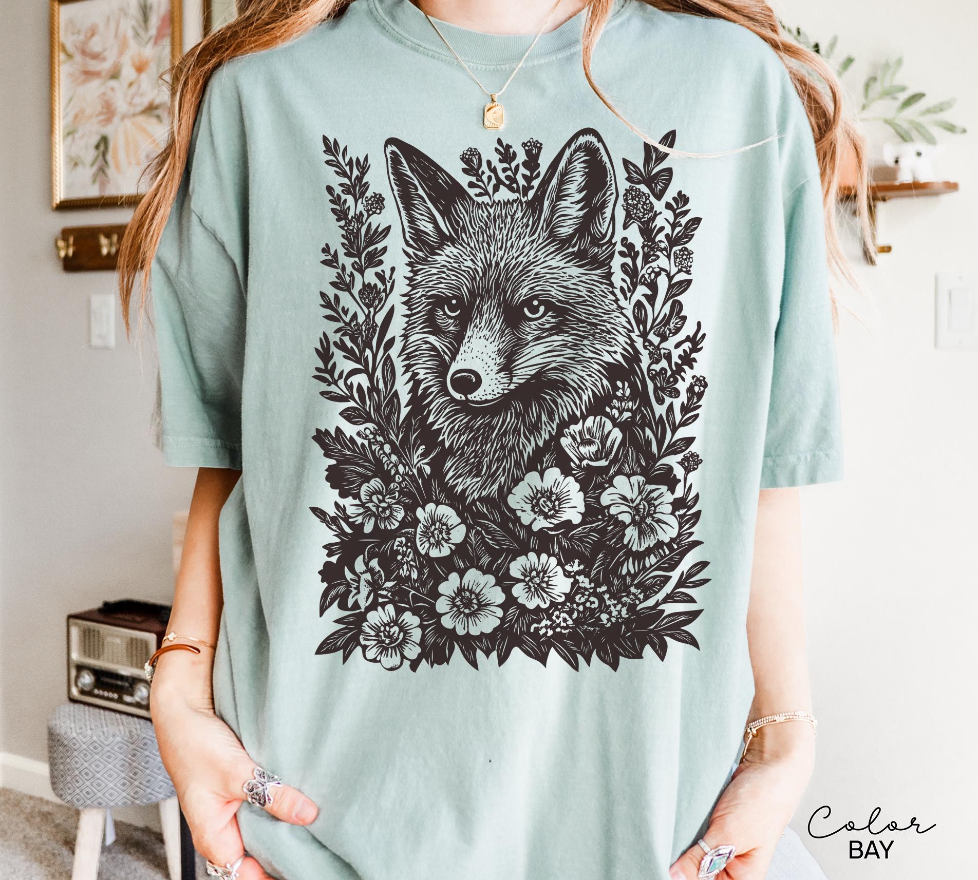 Cottagecore Fox Shirt, Retro Linocut Floral Sweatshirt